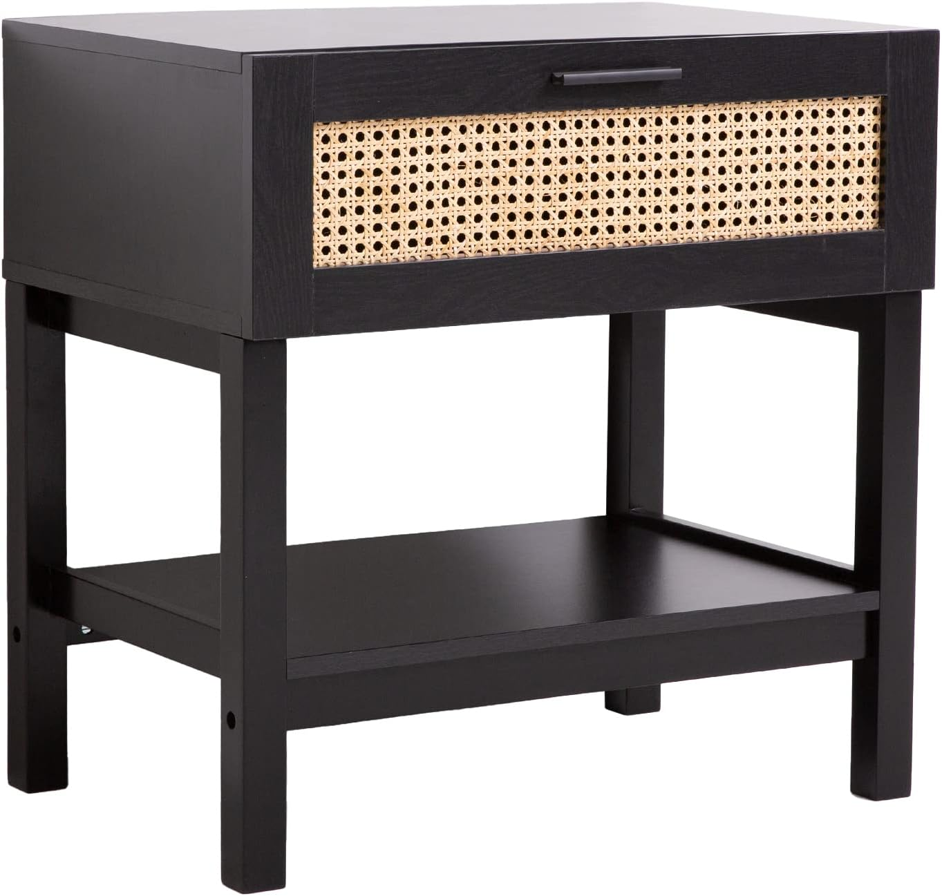 Casa Decor Bedside Table Tulum Rattan Nightstand Storage Cabinet with Drawer, Black