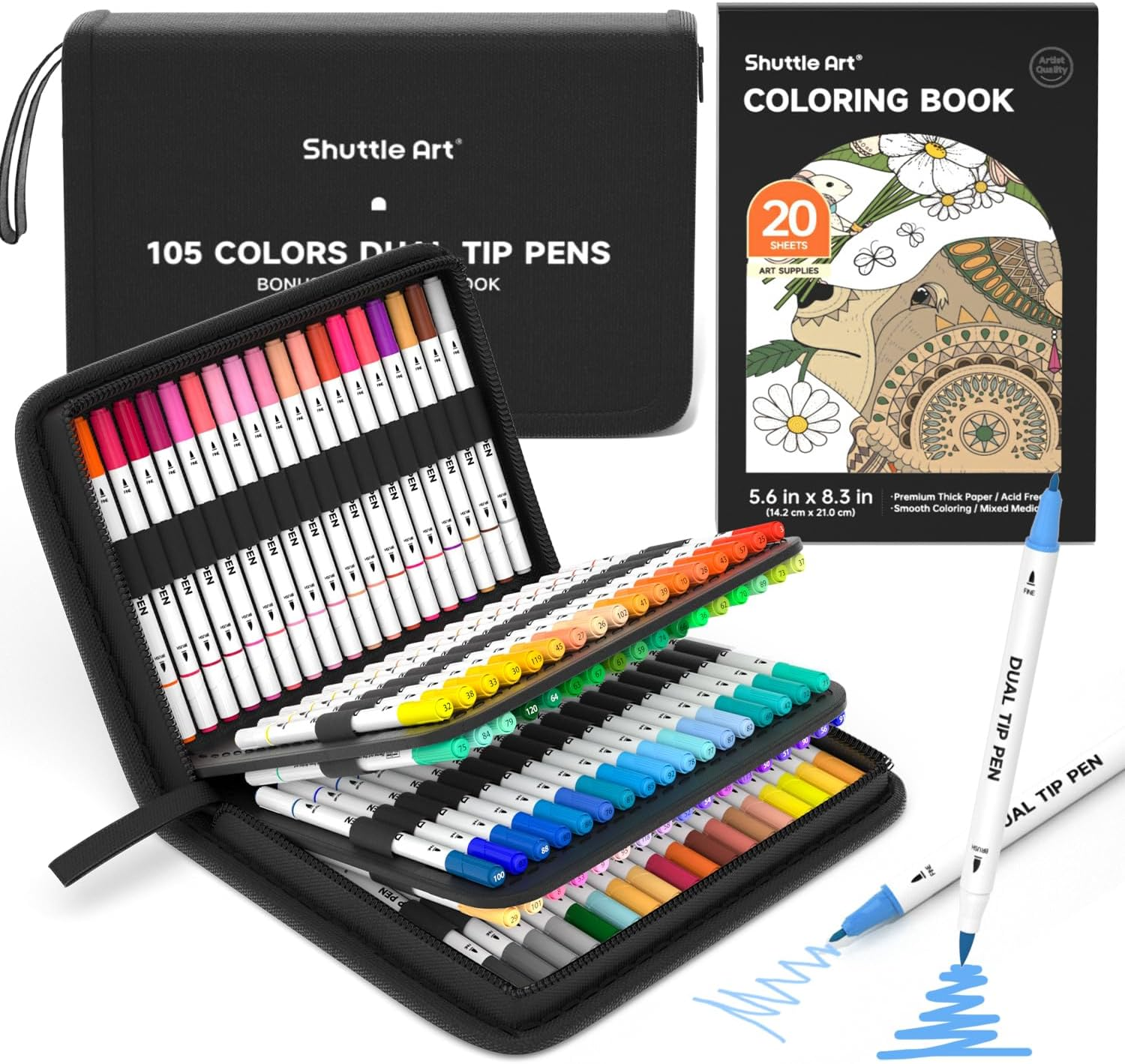 Shuttle Art Dual Tip Brush Pens, 70 Colours Fine and Brush Tip Markers Set with Portable Case & 1 Colouring Book, Felt Tip Colouring Pens for Adults and Children Colouring Calligraphy Journal Doodling