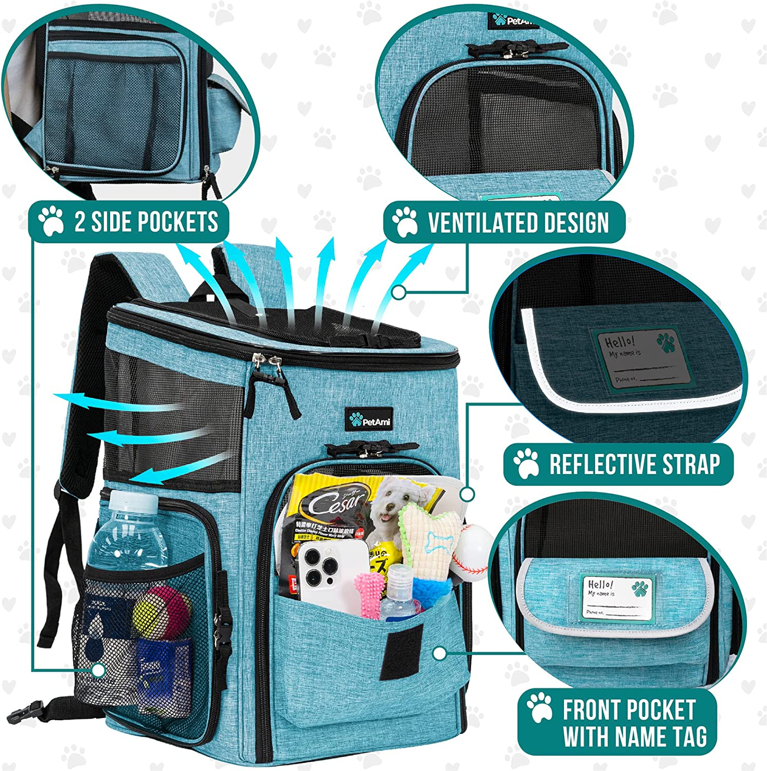 Petami Pet Carrier Backpack for Small Cats, Dogs, Puppies | Ventilated Structured Frame, 4 Way Entry, Safety and Soft Cushion Back Support | Collapsible for Travel, Hiking, Outdoor (Turquoise) image number 3