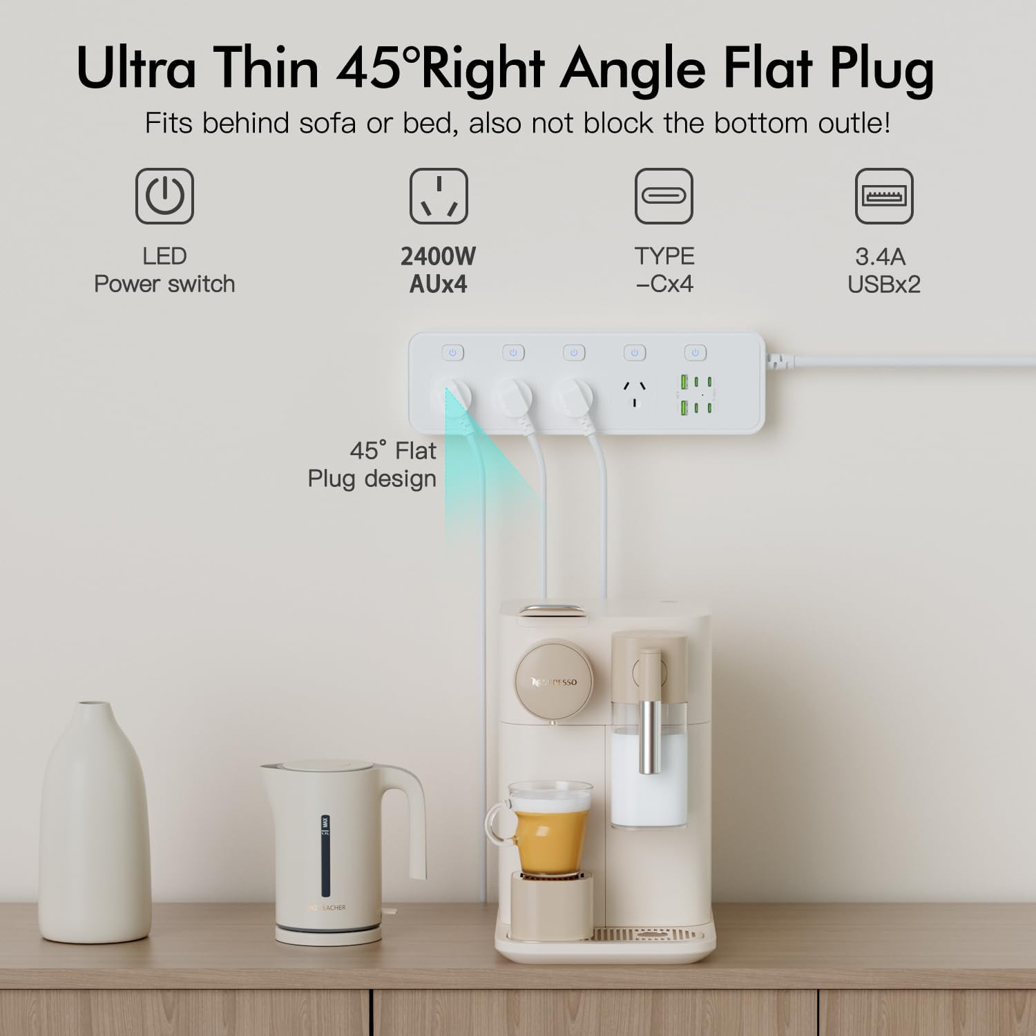 BOCHLION Power Strip with Independent Switch, 4 AC Power Sockets, Surge Protector Power Strip with 6 USB Ports (4 USB-C Sockets), 1.8M Extension Power Strip, Wall-Mounted for Home Office (White) image number 3