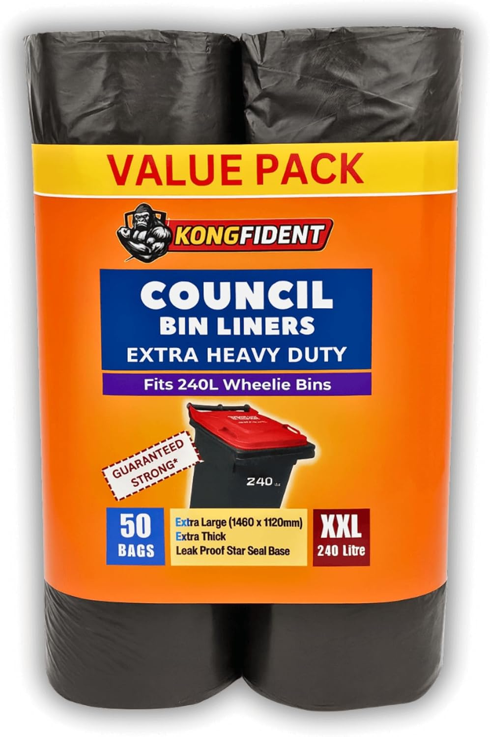 240L Extra Heavy Duty Council Bin Liners, Fits 240L Wheelie Bin, Large Strong Garbage Bags, Extra Strong Rubbish Bags for Outdoor Trolley Bins, 50 Bags Value Pack