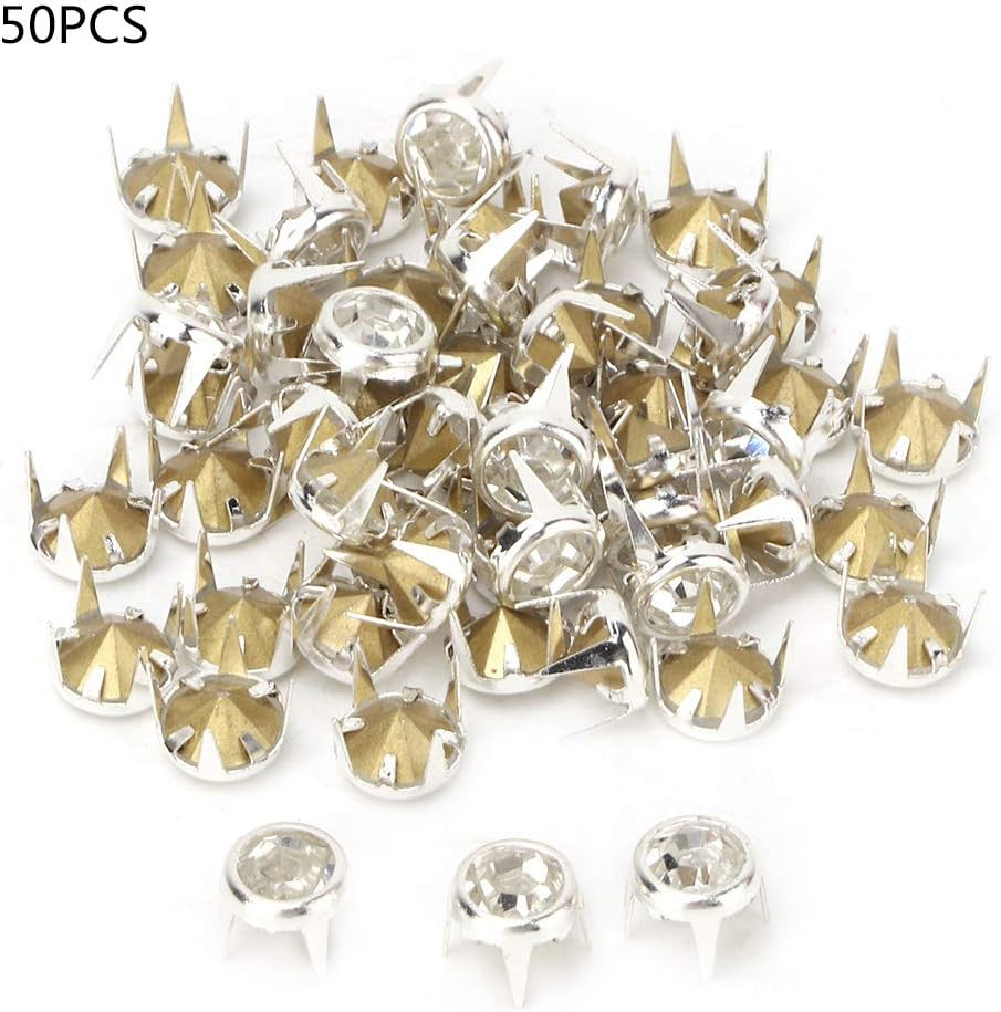 Glitter Rivets for Textiles, Glitter Rivets, Rhinestones with Claws, Rhinestone Nailhead, Pack of 50, 7 Mm Diy Silver round Claw, A-Grade, Rhinestones, Rhinestone Claw, Beads, Nail Head Rivets for Artificial Hand image number 1