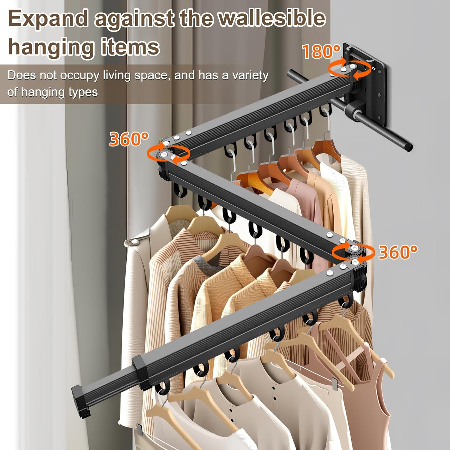 SNSUTY Clothes Drying Rack, Tri-Fold Laundry Drying Rack Wall Mount, Space Saver Clothes Rack with Ring Type Hooks, Retractable, Collapsible, for Balcony, Laundry, Bathroom
