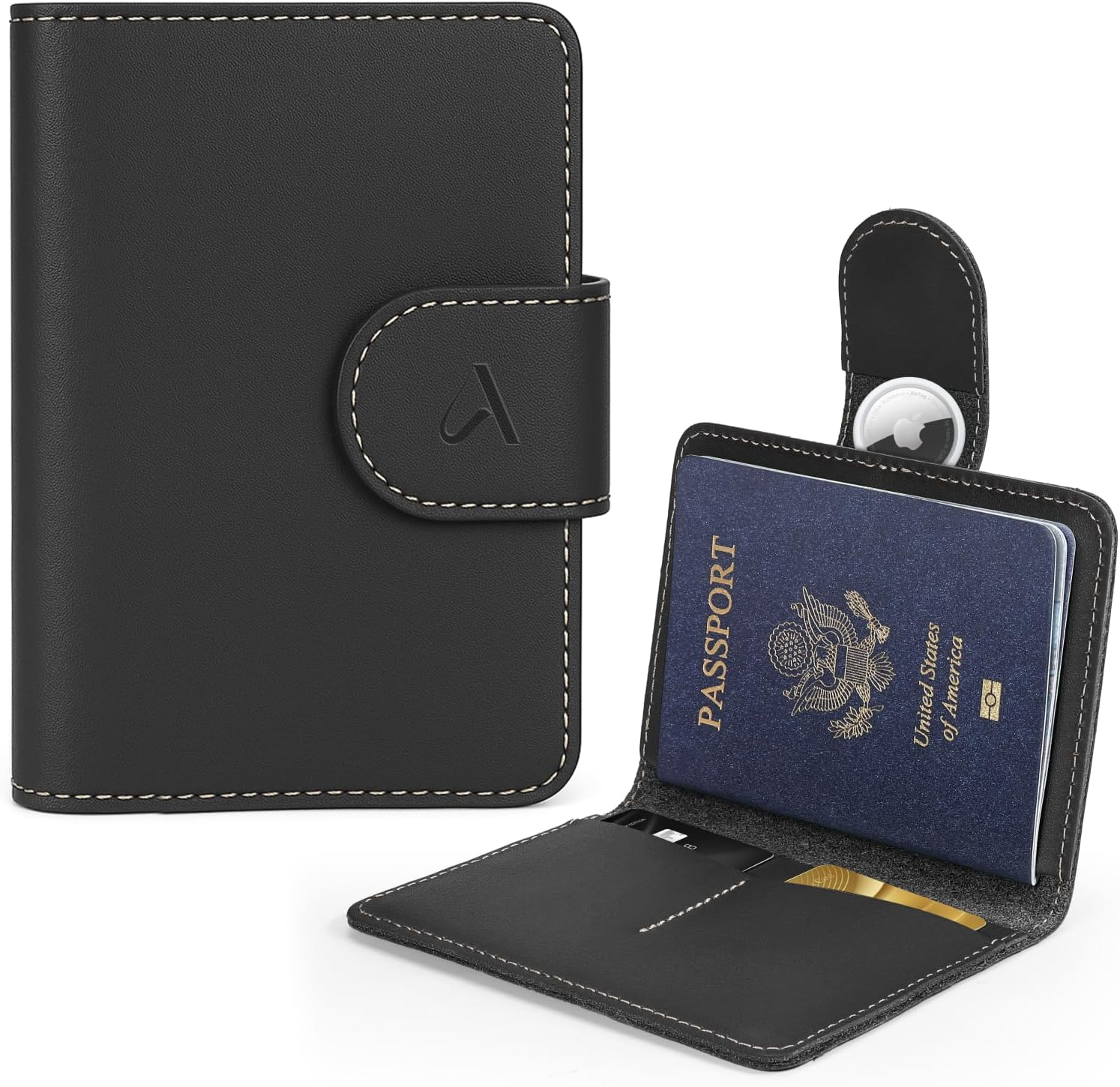 ALLIVE Passport Holder for Travel, Rfid Passport Holder for Women & Men, Genuine Leather Passport Cover Travel Wallet with Airtag Hidden, Airport Essentials, Travel Must Haves Gifts, Black, Genuine