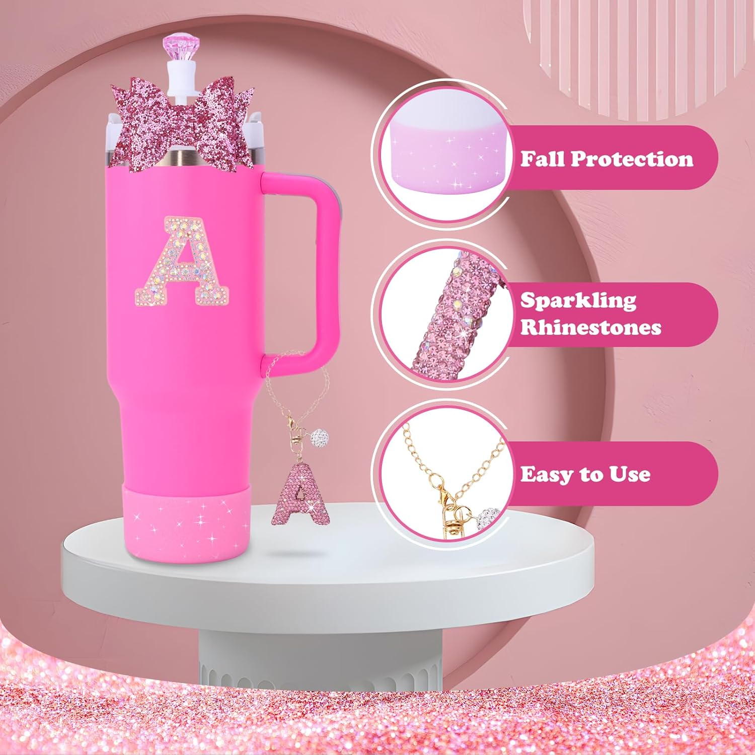 5Pcs Stanley Cup Accessories Set,Letter Charm for Stanley Cups,Including Diamond Straw,Bow Straw,Sparkly Silicone Boot for Stanley Cup 30Oz&40Oz(A) - C image number 6