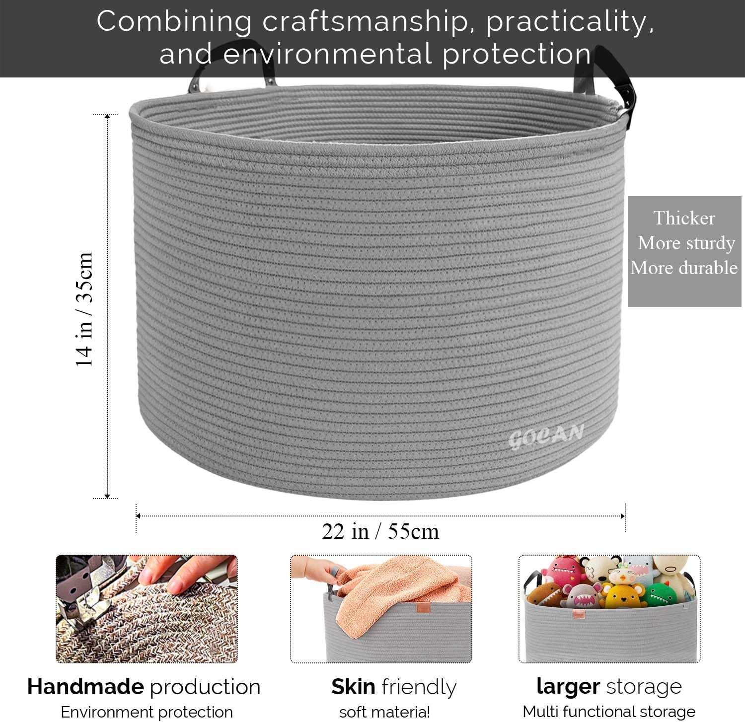 Extra Large Storage Laundry Basket 22" X 22"X 14" Cotton Rope Woven Basket for Blanket Basket with Handles for Living Room Toys Storage XXXL (Gery) - Dkgrey image number 3