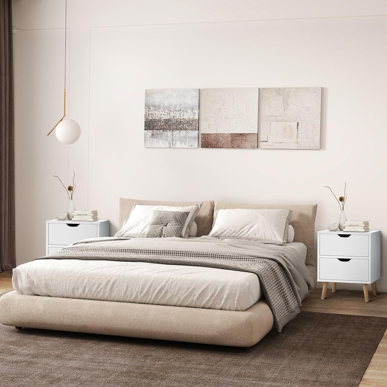 Oikiture Bedside Table with 2 Drawers, Wooden Side Table Nightstand Storage Cabinet White image number 3