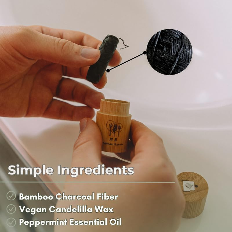 VEGAN Biodegradable Bamboo Charcoal Dental Floss with Refillable Bamboo Container | Free Refill | Natural Candelilla Wax | 55Yds X2 | Peppermint Essential Oil | Eco Friendly | Zero Waste Oral Care