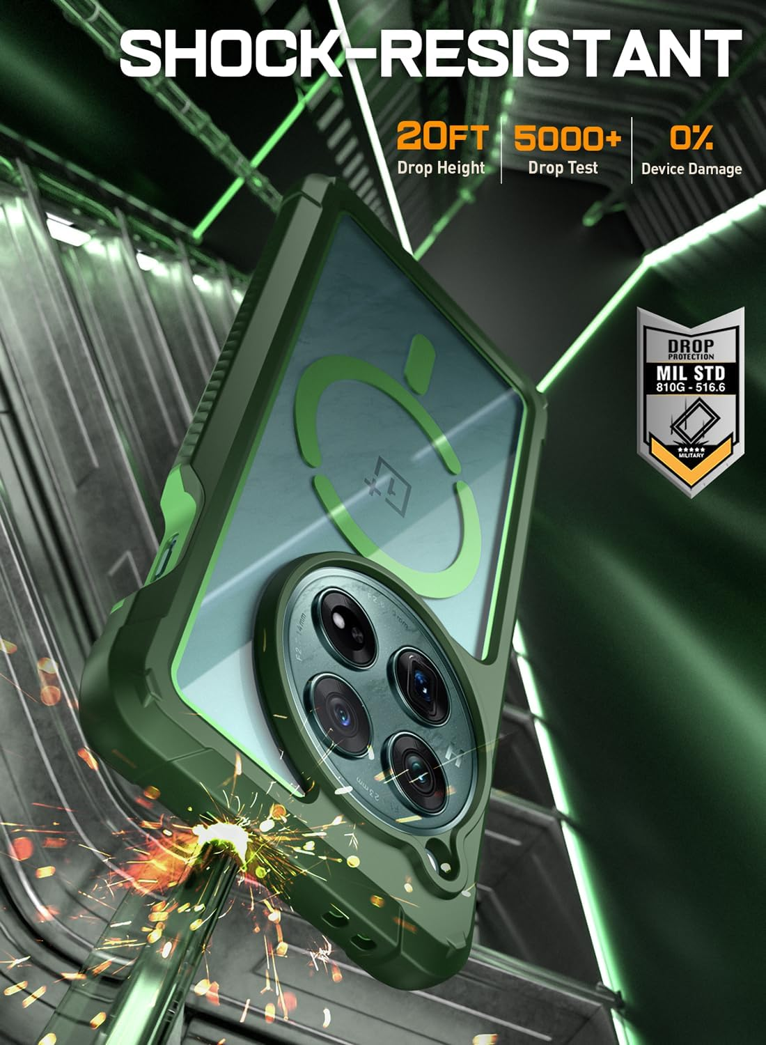 Poetic Guardian Case for Oneplus 12 5G (2024), Built-In Screen Protector [Work with Fingerprint ID], [2 Front Frame] [Wireless Charge] Full Body Shockproof Rugged Clear Cover Case, Green/Clear - Black image number 3