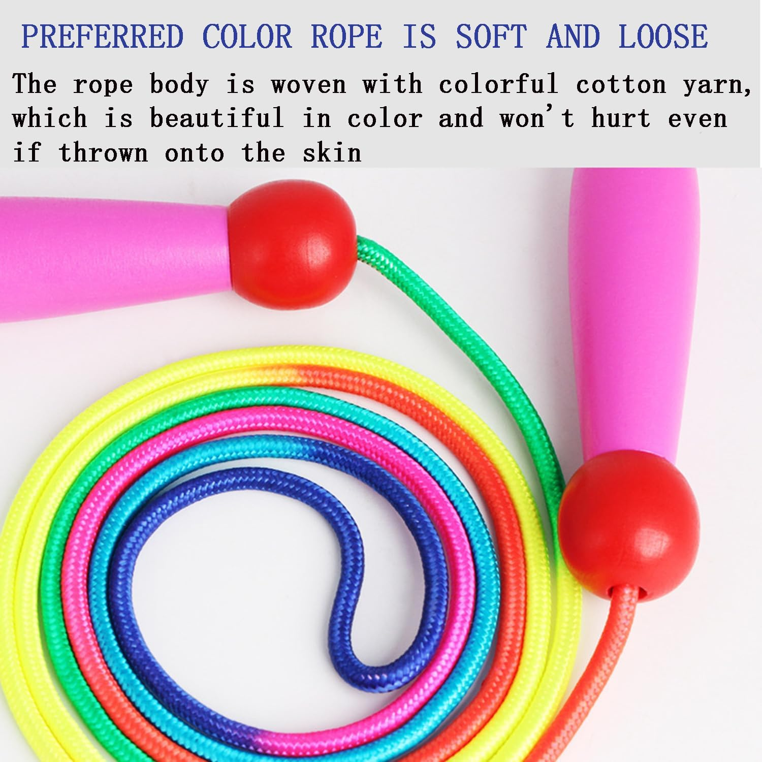 Tjhypenete 2 Pcs Jump Rope for Kids, Rainbow Skipping Rope, Adjustable Length Jumping Rope with Wooden Handle, Cotton Rope for Gymnastics, Training, Exercise, Workout, Weight Loss, Outdoor Activity