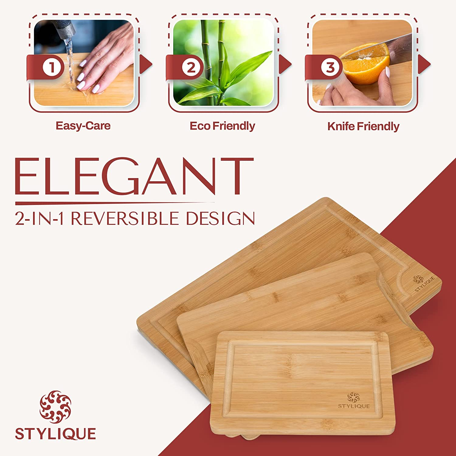 STYLIQUE Wooden Chopping Board Set of 3 with Cutting Board Organiser, Meal Prep Wooden Cutting Boards, Large Chopping Board and Serving Tray, Cheese Board, Kitchen Tools Gadgets, Bamboo Chopping Board image number 3