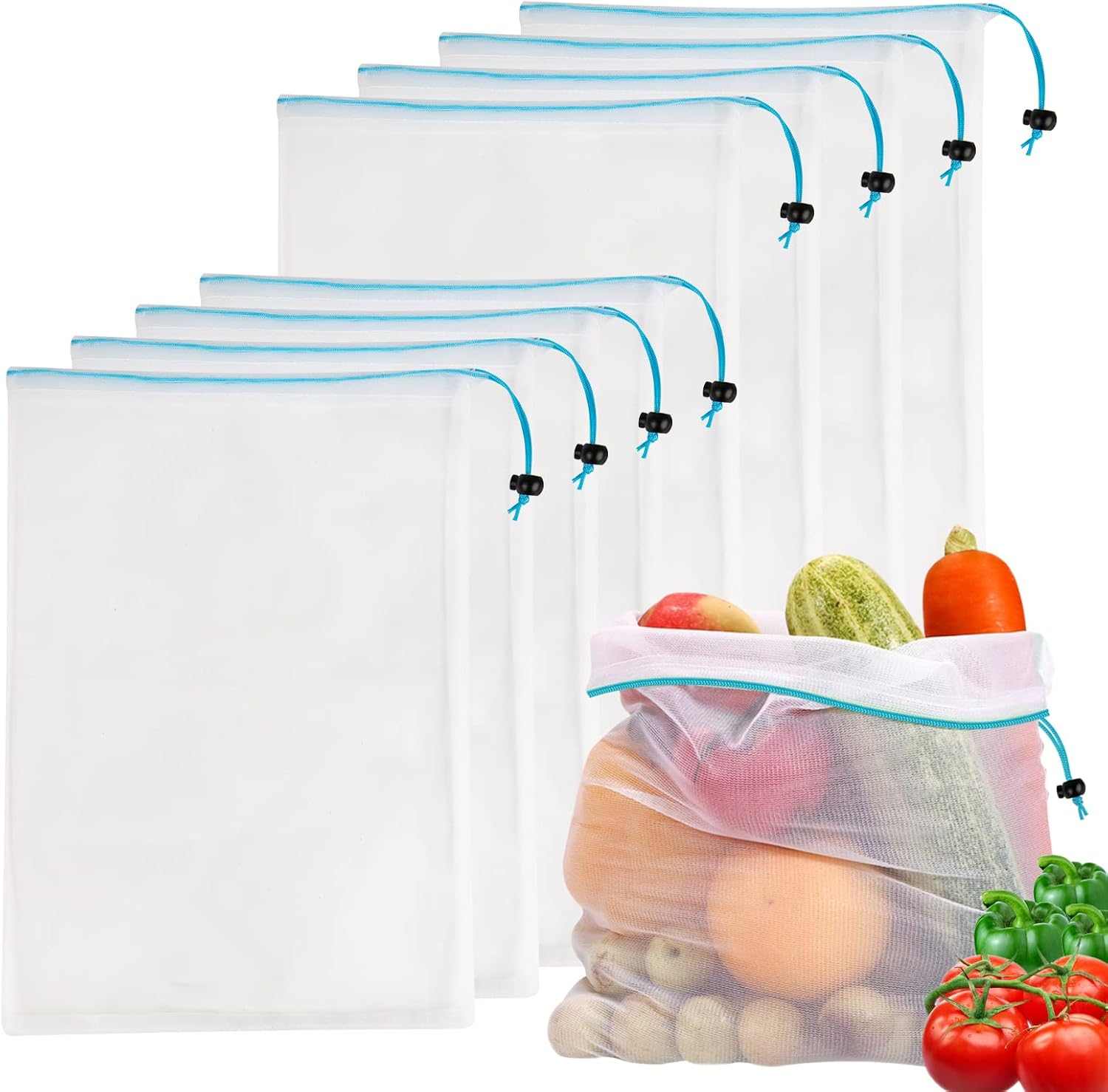 Set of 8 Reusable Mesh Produce Bags- Washable Produce Bags - 8 Blue Large (12"X17") See-Through Mesh Produce Bags for Storage Fruit, Vegetable, Toy