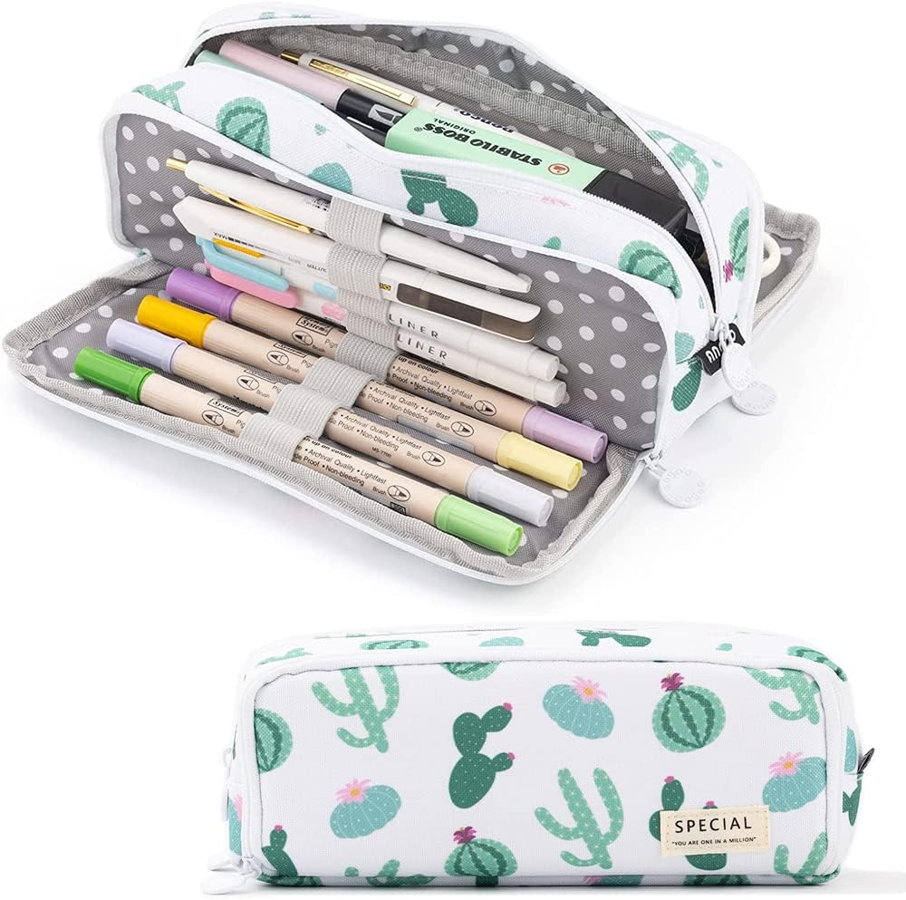 Sebeli Pencil Case Big Capacity 3 Compartments Pouch Stationery Art Pen Bag for Girls Teens Students School & Office Supplies - Plaid White