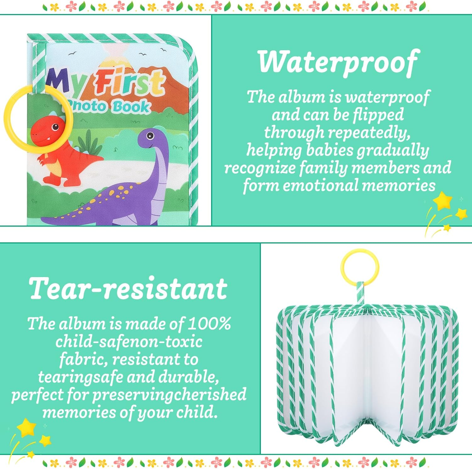 My First Photo Book for Baby 4&times;6 Inch Soft Cloth Photo Album for Family Memory with Baby Safe Mirror Toddler Photo Album Gift for New Parents (Dinosaur, 1) image number 1