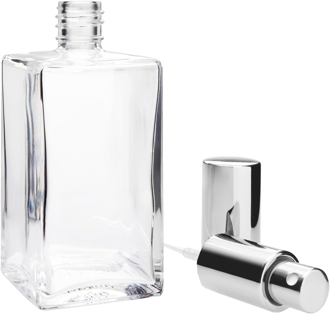 Fantasia Perfume Bottle Empty 100 Ml with Atomiser Pump, Square Clear Glass Bottle to Fill Yourself, with Perfume Atomiser and Cap in Silver, Refillable for 100 Ml