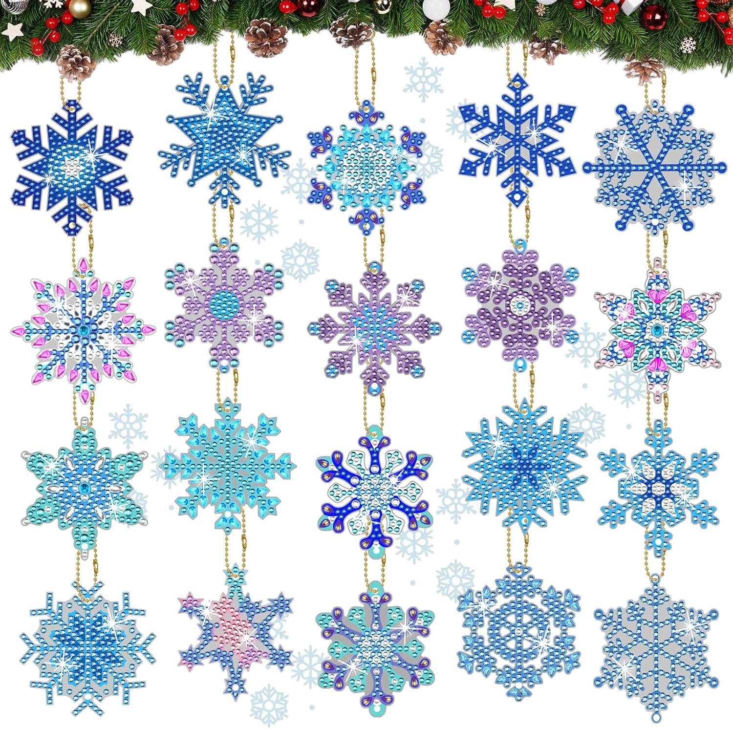 MATHARAGO 20 Pcs Snowflakes Diamond Art, 5D DIY Double-Sided Christmas Ornaments Pendants, Diamond Painting Keychains for Christmas and Daily Decoration（Various）