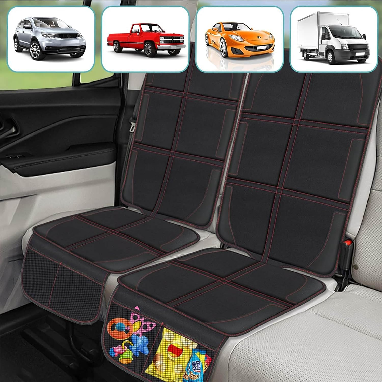 Car Seat Protector, 2 Pack Seat Protector Carseat with Thickest Padding, Baby/Pets Car Seat Protector for Child Car Seat-Mesh Pockets-Waterproof-Universal Size(Black) image number 1