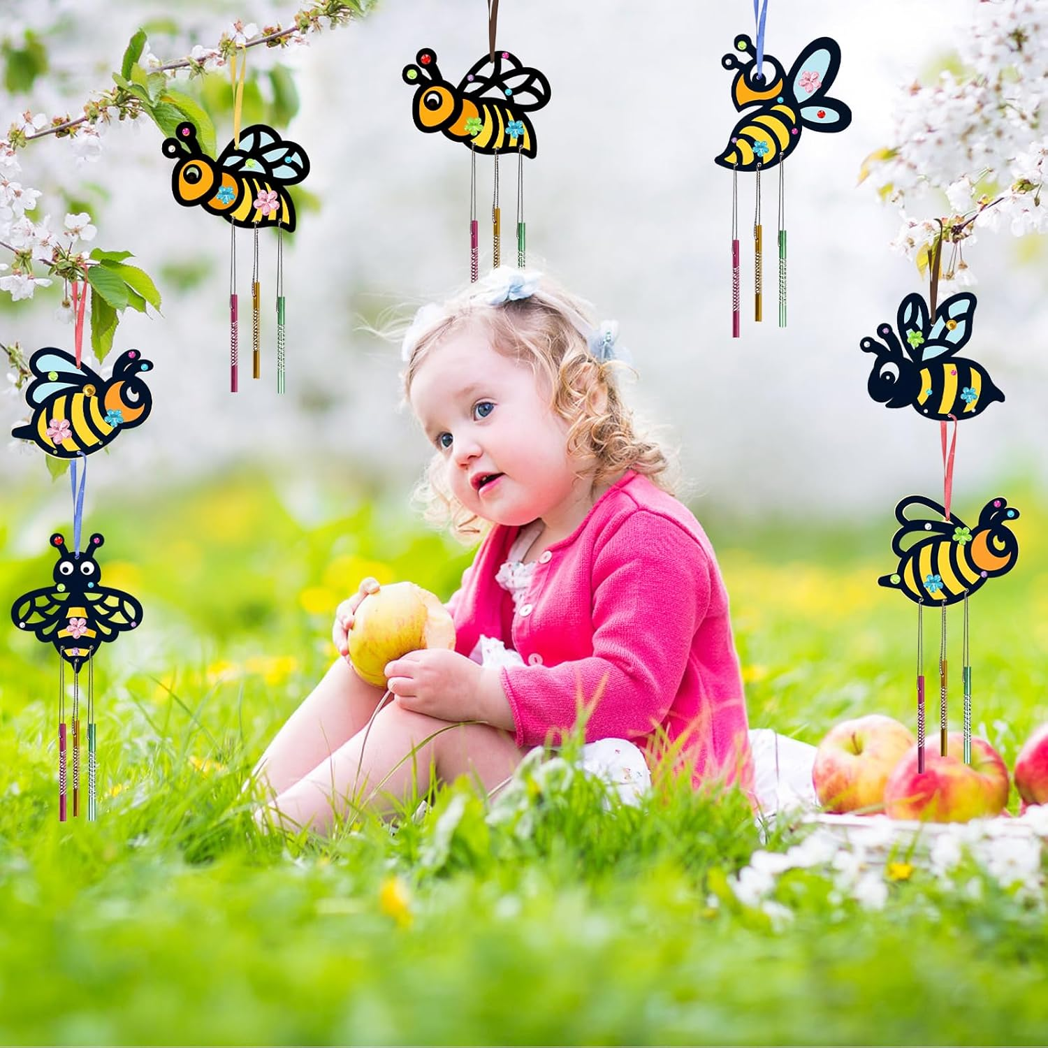 Fennoral 10 Pack Bee Wind Chime Kit for Kids Make You Own Honey Bee Wind Chimes Ornaments DIY Coloring Wooden Art and Craft for Spring Art Activities Birthday Party Decorations image number 4