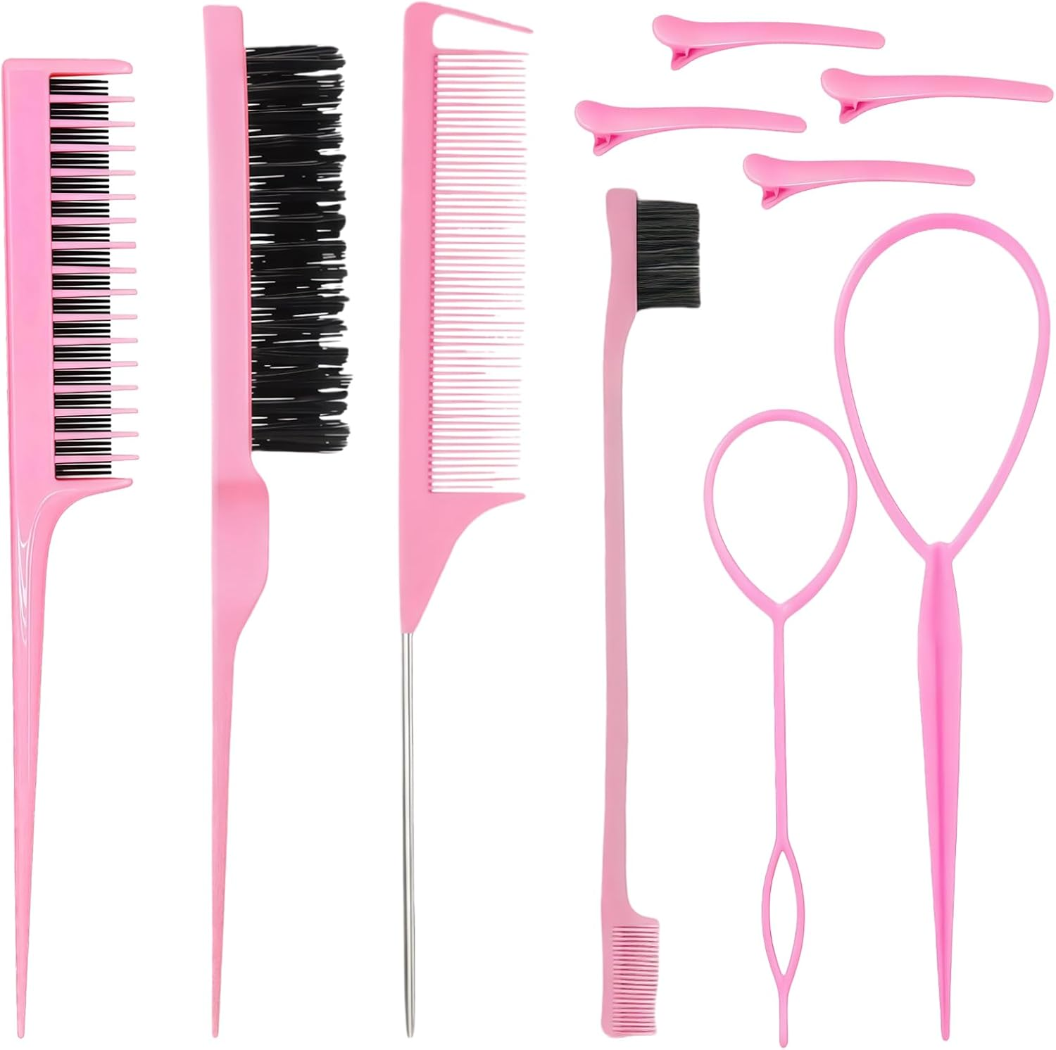 Teccfly 10Pcs Hair Brush Set - Braiding Kit & Hair Supplies,Topsy Tail Hair Tool,Edge&Back&Teasing Brush Rat Tail Comb Styling Tools for Women (Pink) image number 2