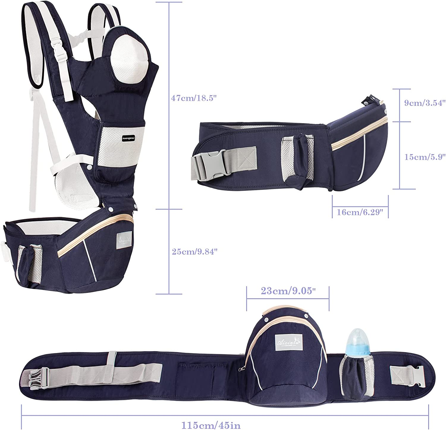 Leogreen Baby Convertible Carrier with Hip Seat, Adjustable Wrap Sling & Lumbar Support, for Front Facing and Back Carry Newborn Toddler, Dark Blue image number 6