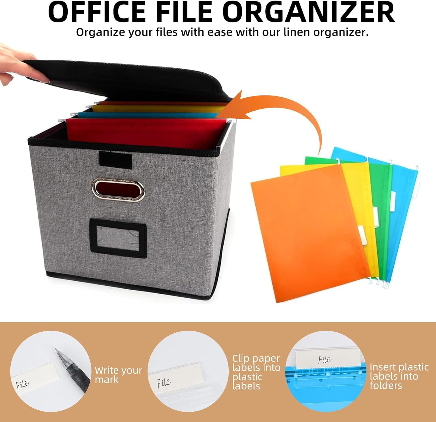 Upgraded Portable File Organizer Box, Large Linen Hanging Office Document Storage Box with Lid, Collapsible Filing & Storage Boxes for Office/Decor/Home. (Light Gray)