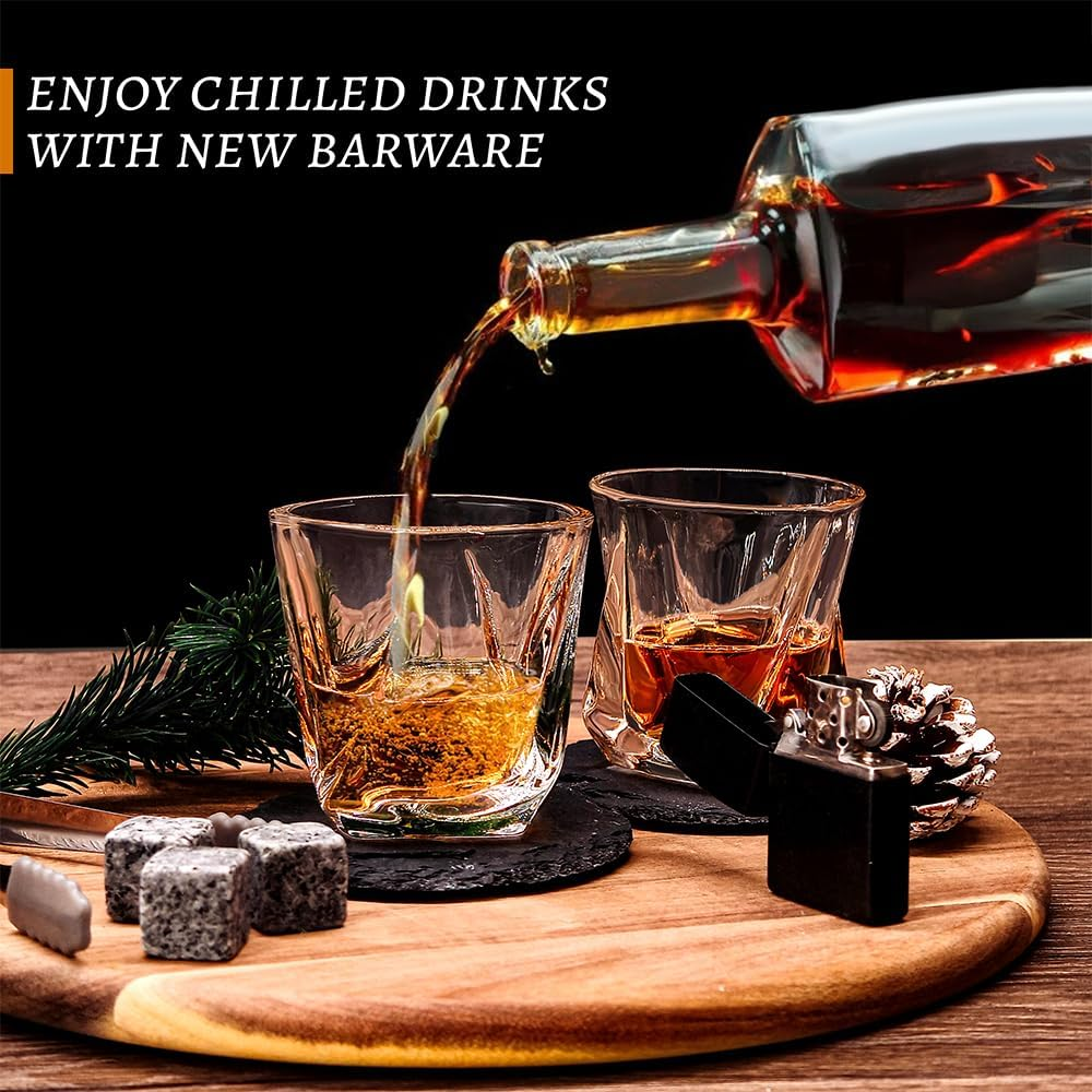 Whiskey Gift Set of 2 for Men, Bourbon Twisted Scotch Glass & Chilling Stones, Wood Box Gifts for Dad, Husband, Friends- - Gift Idea for Men Who Drink Whisky image number 3
