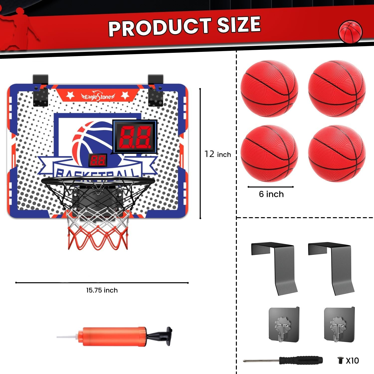 Eaglestone Kids Indoor Basketball Hoop, 4 Balls Mini Basketball Toy for Toddlers, with Electronic Scoreboard over the Door Room Wall Basketball Hoop Goal Boys Girls Age 3 4 5 6 7 8 9 10 image number 6