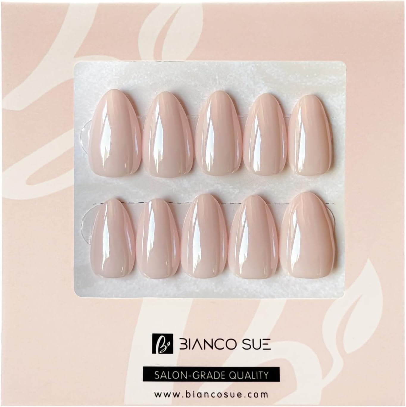 Bianco Sue Press-On Nails | Iridescent Blush Pink Almond False Nails, Reusable Stick-On Fake Nails with Adhesive Tabs and Glue | Salon-Grade Quality | Transparent Storage Box | 15 Sizes - 30 Nail Kit image number 3