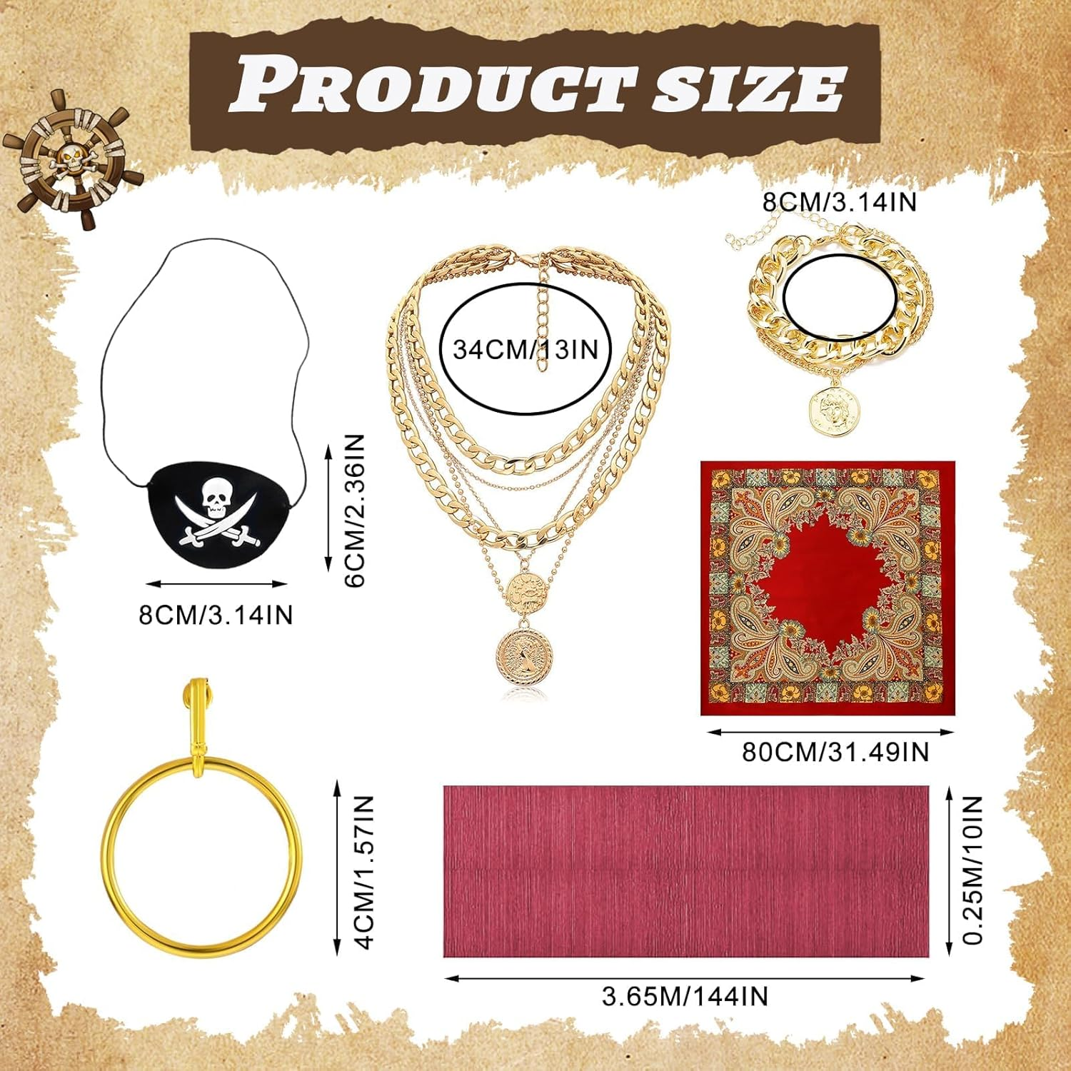 Women&rsquo;S Pirate Costume Accessories Set &ndash; 6Pcs Halloween Pirate Role Play Kit with Red Bandana Sash Belt Eye Patch Gold Earrings Necklace & Bracelet for Cosplay Masquerade Party Stage Performance