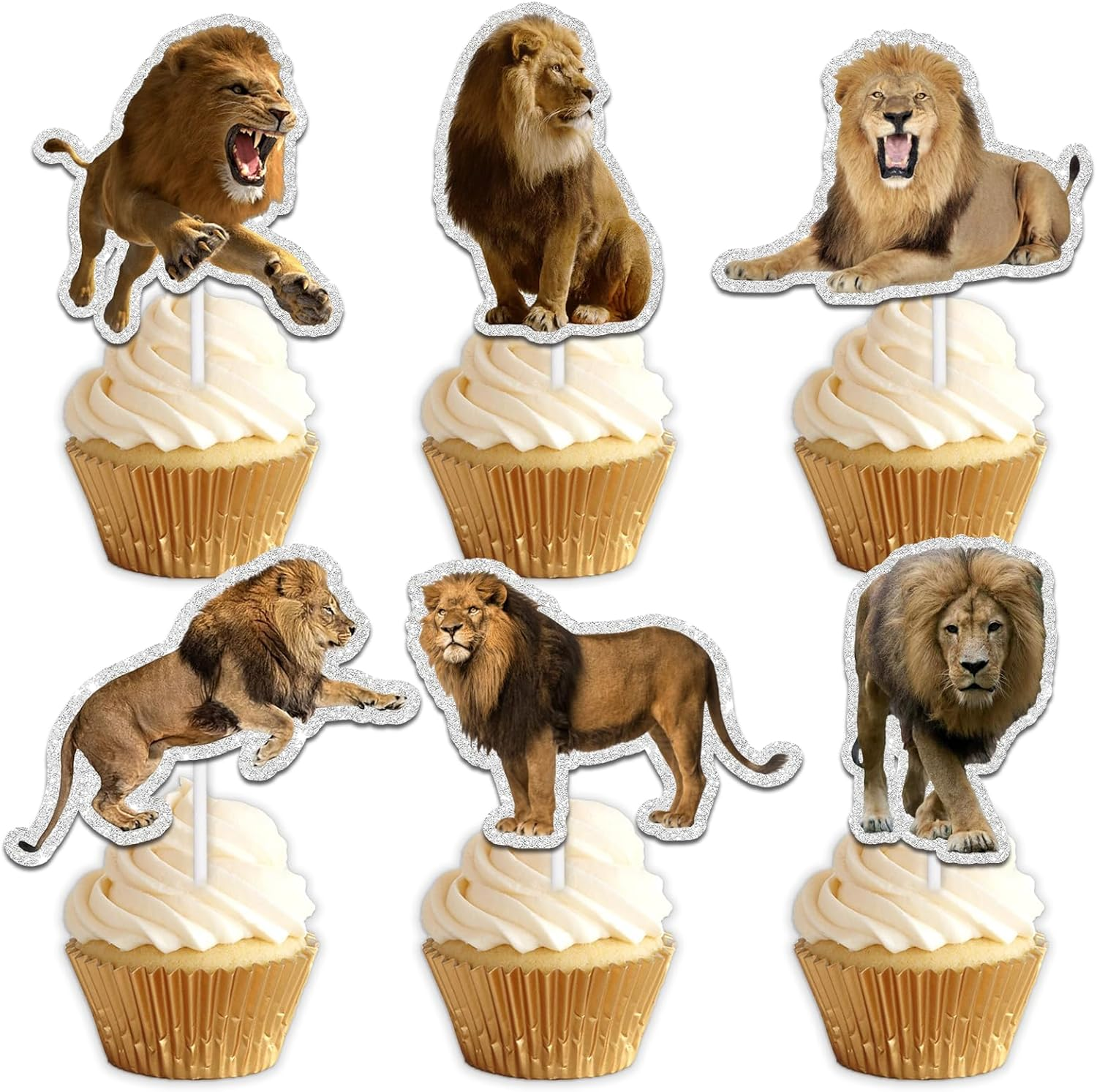 18Pcs Gold Glitter Lion Dessert Cupcake Topper Pick for Animals Theme Decor Supplies Baby Shower Boy Girl Happy Birthday Party Decoration image number 4