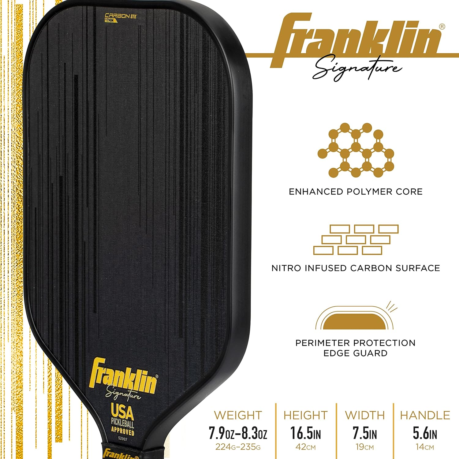 Franklin Sports Pro Pickleball Paddles-Signature Series STK Carbon Fiber-Pickleball USAPA Approved-Polypropylene Core image number 3