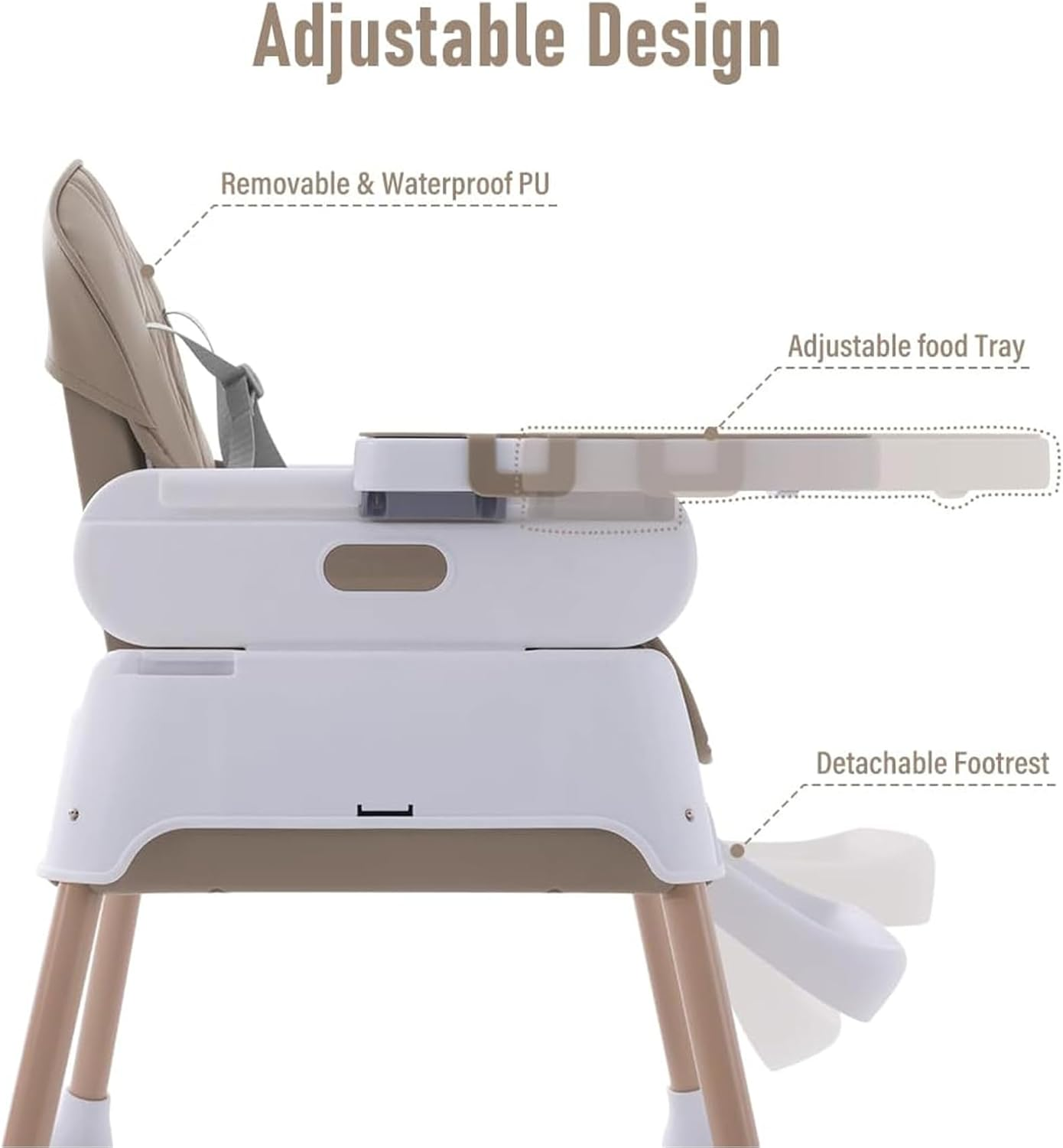 3 in 1 Baby High Chair, Adjustable Convertible Toddlers Feeding Booster for Eating, White 67 * 60 * 90CM