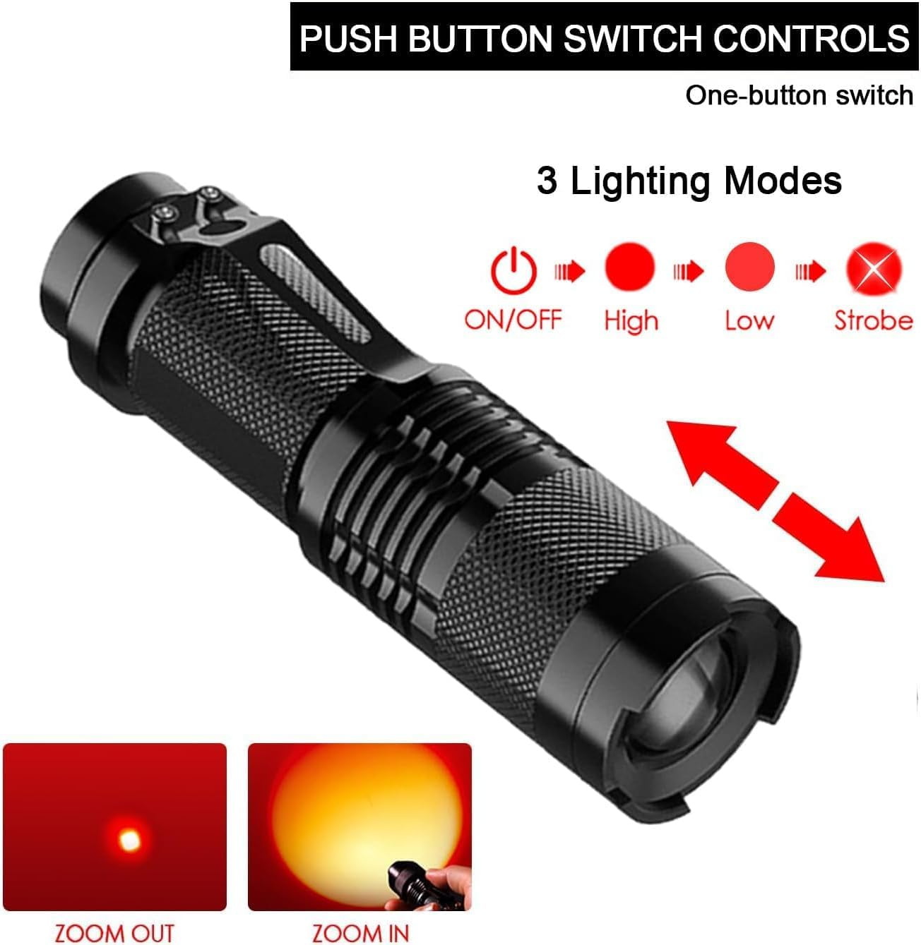 HYVCZP Red Light Flashlight,Adjustable Focus LED Torch,4 Lighting Modes,Super Bright,Waterproof Pocket Size,Lightweight Small Torch for Power Cut,Emergency, Camping, Hiking,Night Fishing,Outdoor