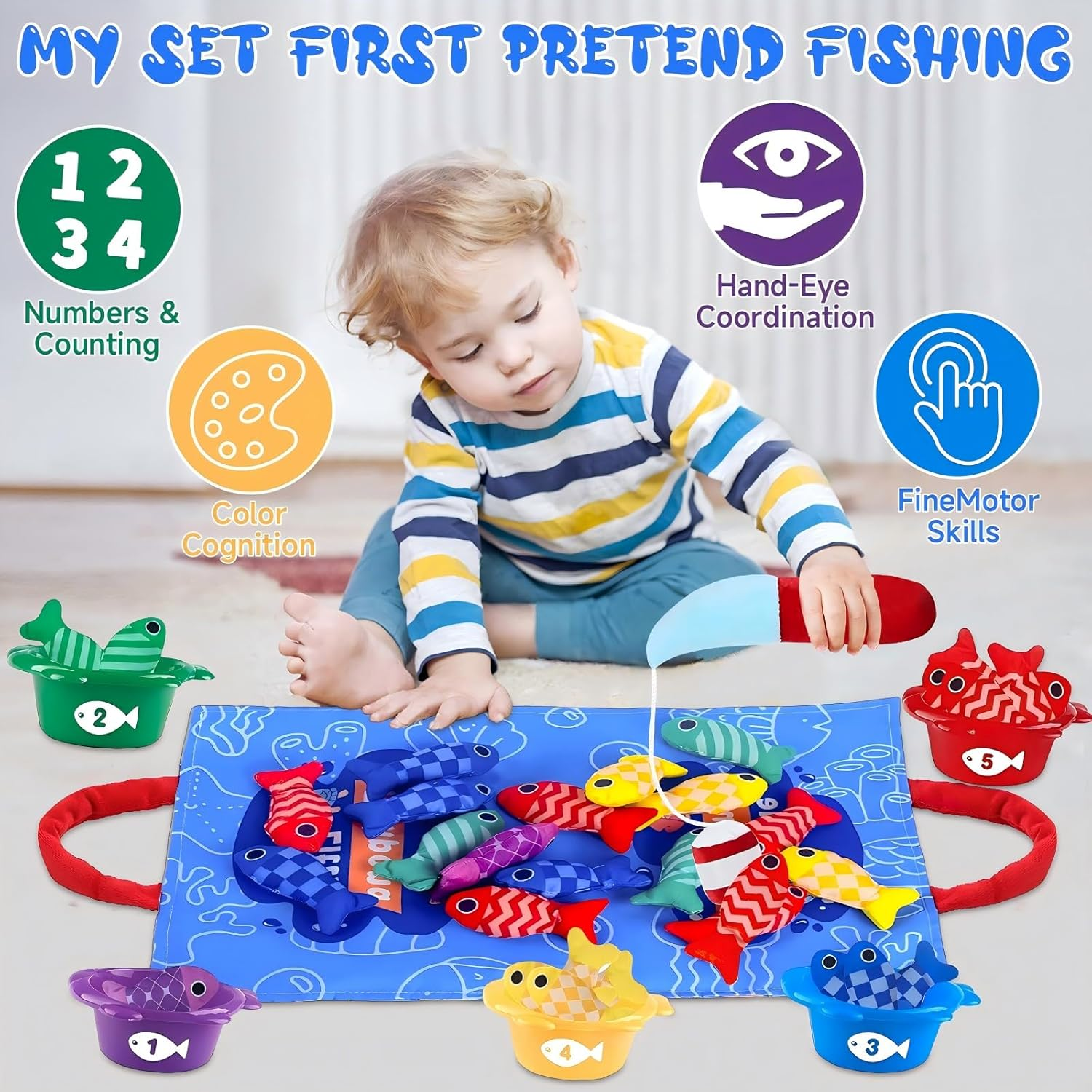 Toddler Toys, Montessori Toys for 1 Year Old Boy Girl Birthday Gift, Cloth Fishing Game for Toddler 1-3, Sorting Learning Baby 6-12-18 Months, Cloth Fishing Game with Baby Stacking Cups image number 4