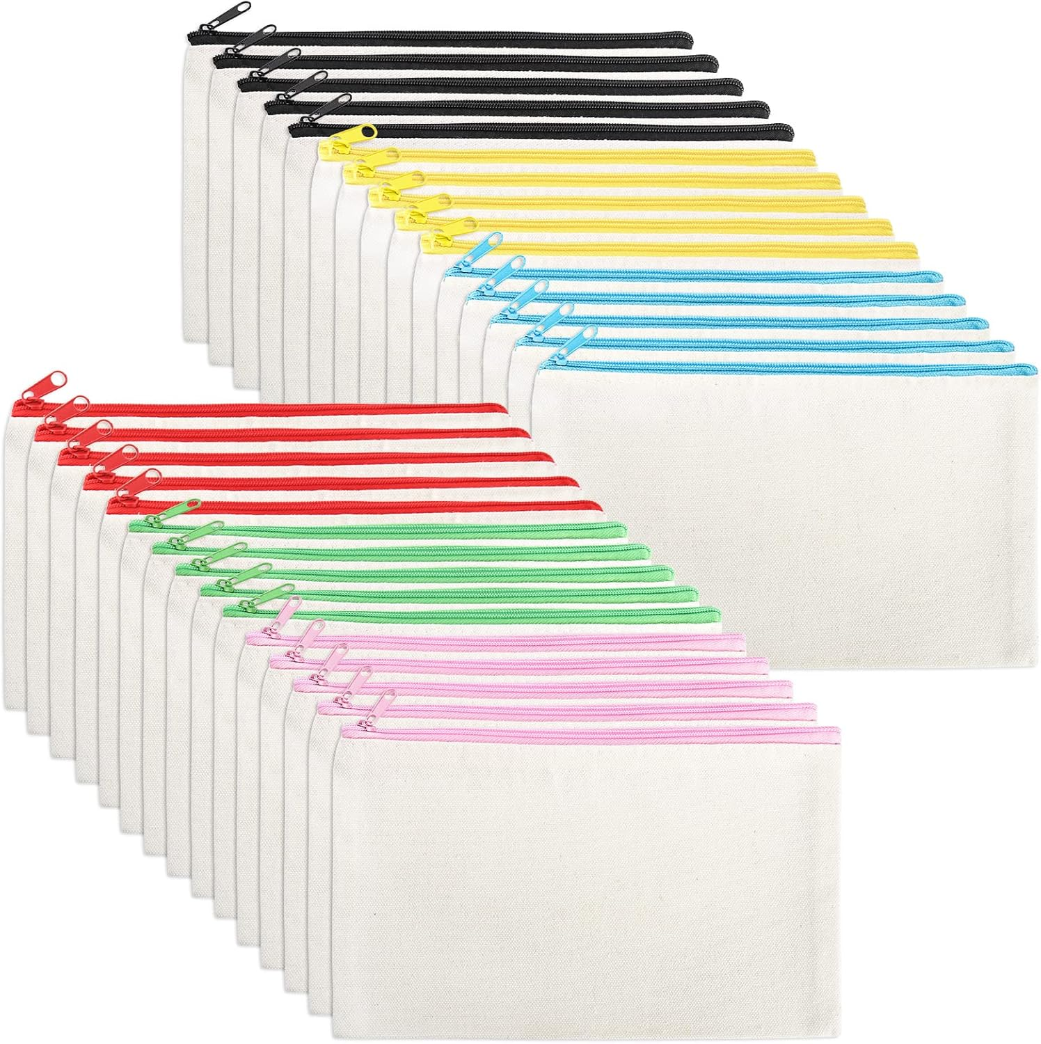 Yarlung 30 Pack Canvas Zipper Pouch, 8X5 Inches Blank DIY Craft Pencil Case Multipurpose Makeup Bags for Pen, Cosmetic, Invoice Bill, Travel Toiletry, 6 Colors Zippers, Black, Blue, Yellow, Green, Red, Pink Zipper, 8.27'' L X 5.12'' W image number 2
