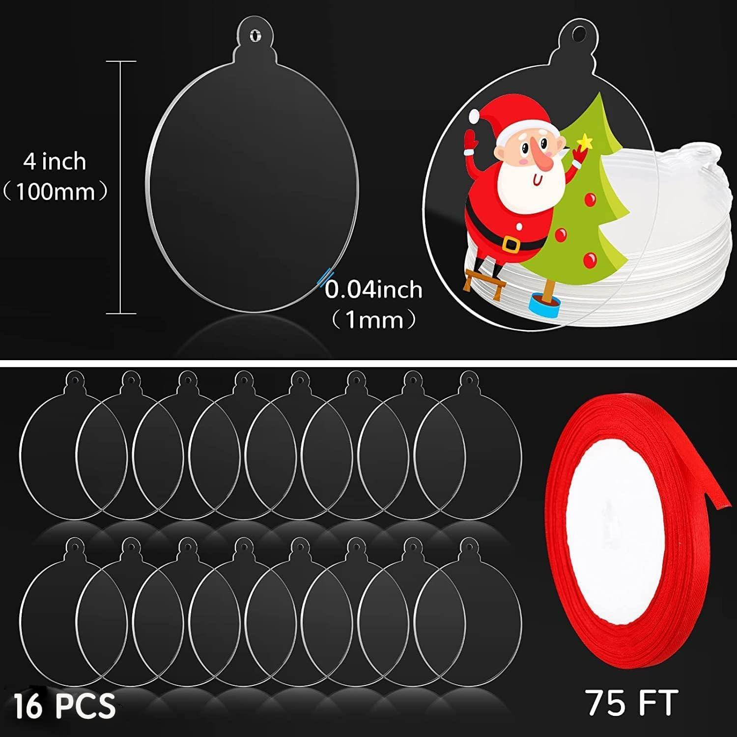16 Pieces Clear round Acrylic Christmas Ornament with Red Ribbon DIY Blank round Acrylic Ornament Transparent Circle Discs for Christmas Bauble Tree Decoration Tag Craft (Cute Style, 4 Inches) image number 6