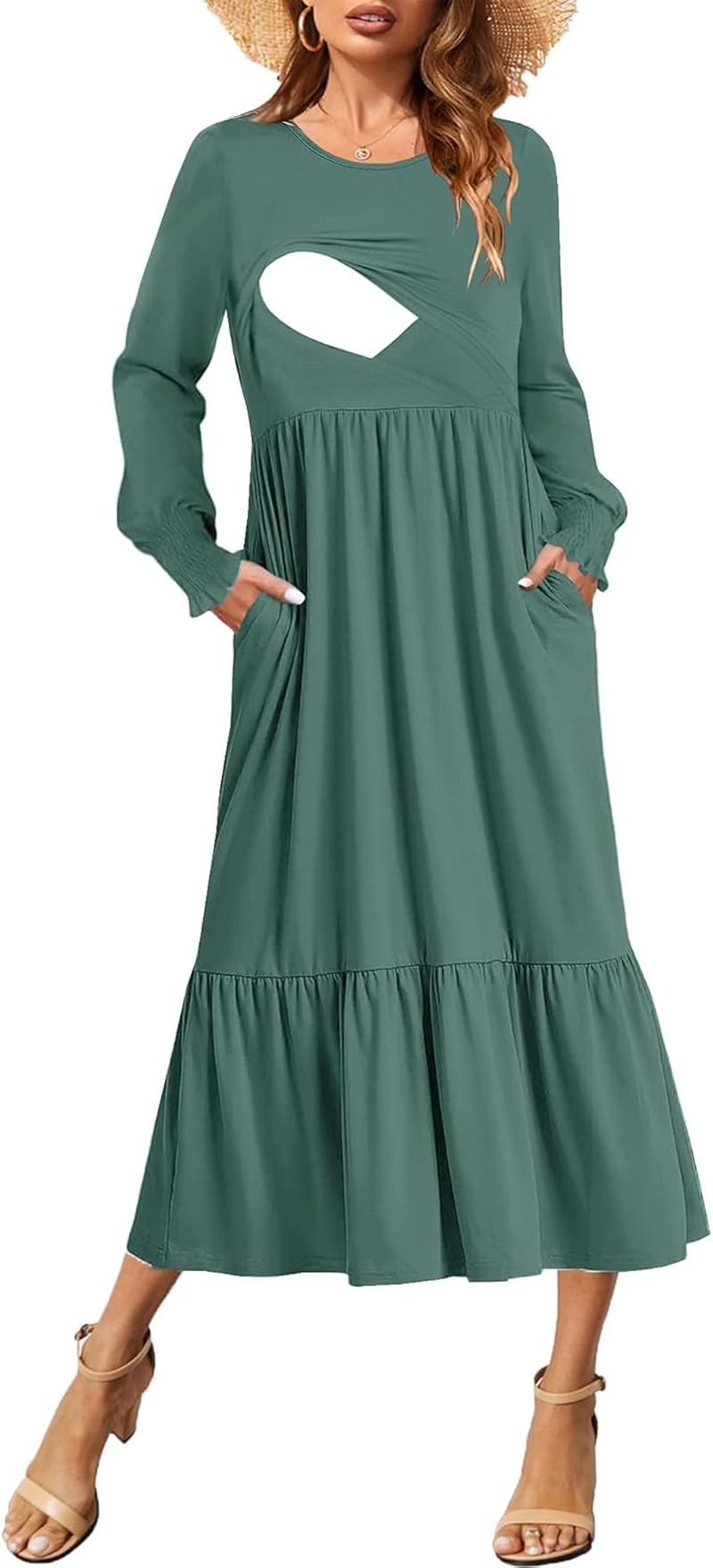 Women Nursing Dress Crew Neck Fall Maternity Flowy Long Sleeve Smocked Cuffs Tiered Cocktail Dresses with Pockets