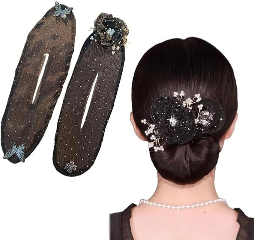 Hand Embroidered Flowers Hair Accessory Set 2Pcs Ball Hair Clip Flower Hair Bun Roller,Flower Butterfly Hair Bun Makers, Ball Hair Clip Bun Roller Flexible Bun Hair Maker image number 1
