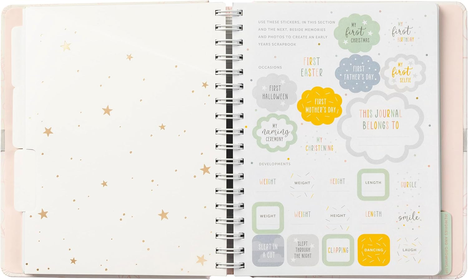 Busy B Pink Baby Journal - Spiral-Bound with Ribbon Closure and Four Tabbed Scetions for Photos. Milestones and Memories, Four Handy Pockets for Storing Keepsakes and Stickers - FSC&reg; Certified - Pink image number 5