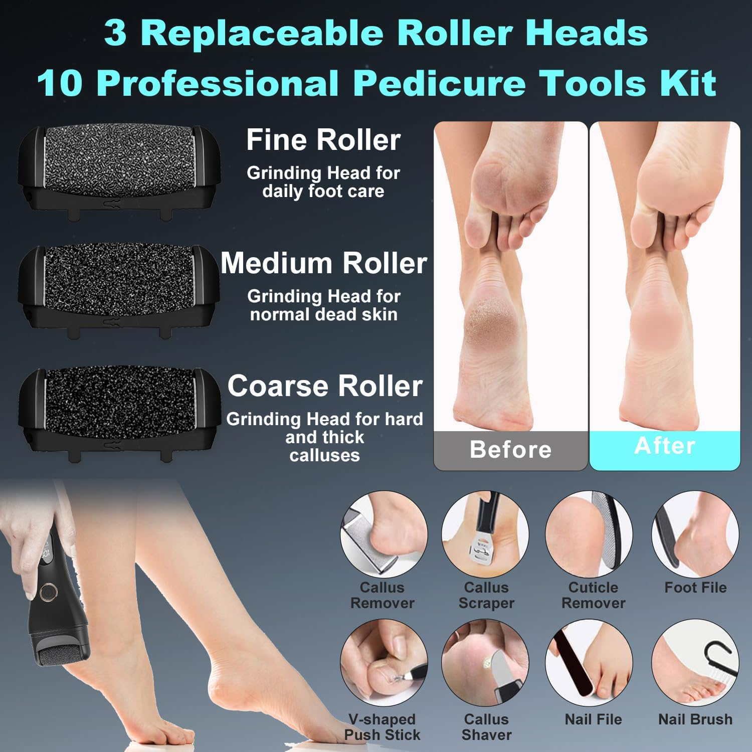 Callus Remover for Feet, Electric Foot Scrubber with Larger Grinder&Lcd Display,3 Speed Foot File Professional Pedicure Tools, Foot SPA to Remove Callus Cracked&Hard Dead Skin - Wet&Dry Using image number 3