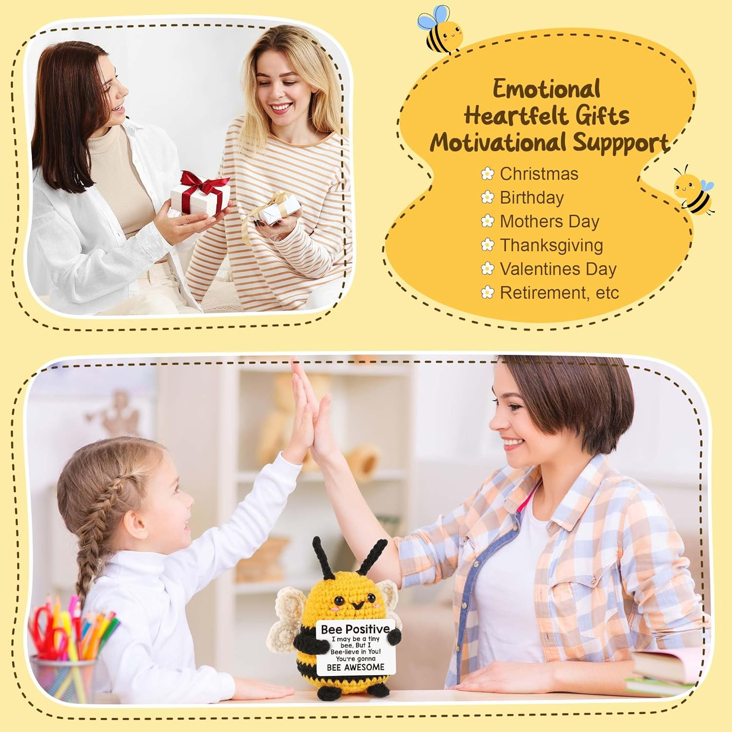 Emotional Crochet Positive Bee Gifts for Coworker Suppport Teacher Appreciation Inspirational Cheer up Unique Christmas Stocking for Grandma Moms Mothers Day Birthday Valentines Friend Sister Mini Bee - Yellow image number 4