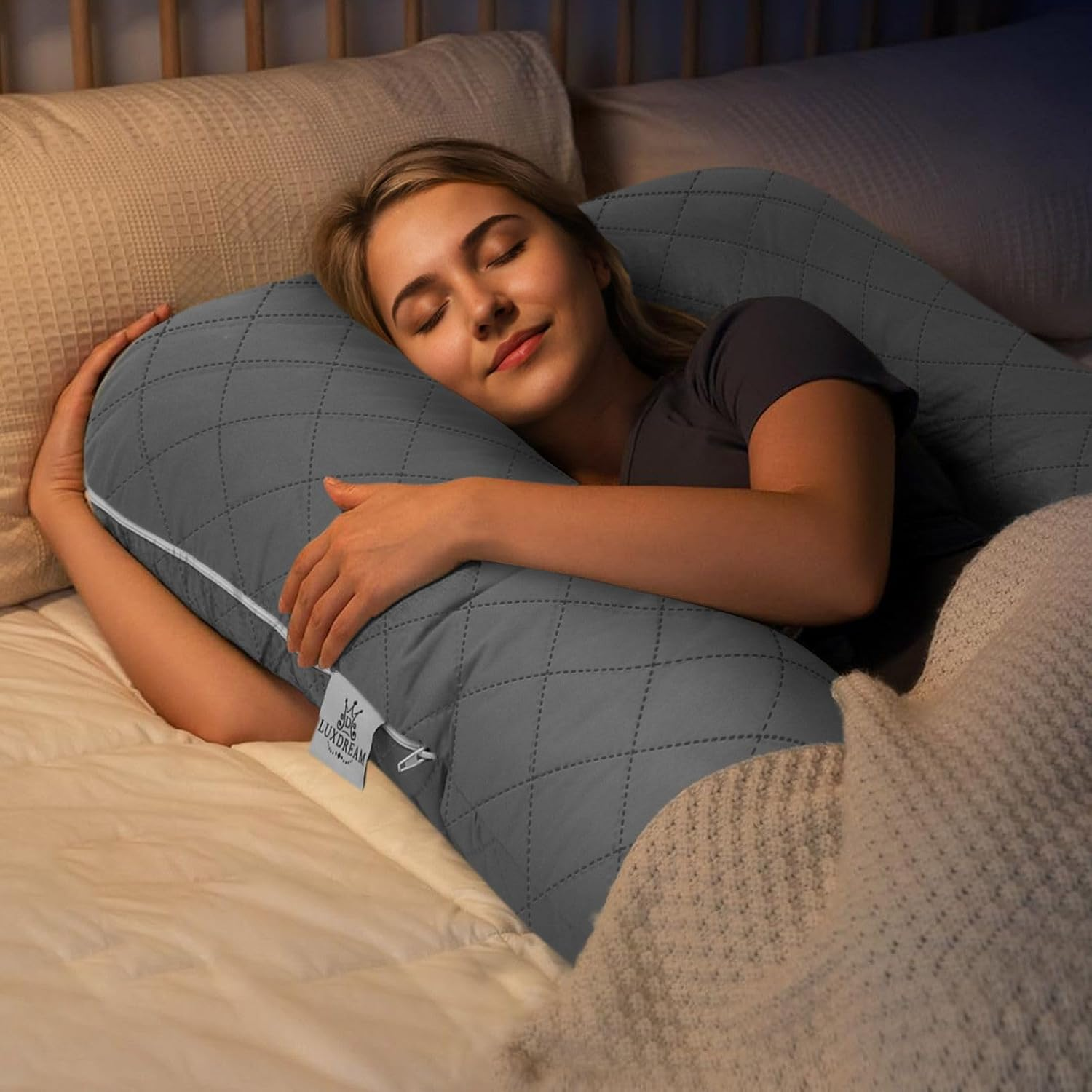 Luxdream Pregnancy Body Pillow Shredded Memory Foam Long Bed Sleeping Full Head Neck Leg Belly Support Cushion Maternity Women Side Sleepers J Shape 130X50Cm Grey image number 2