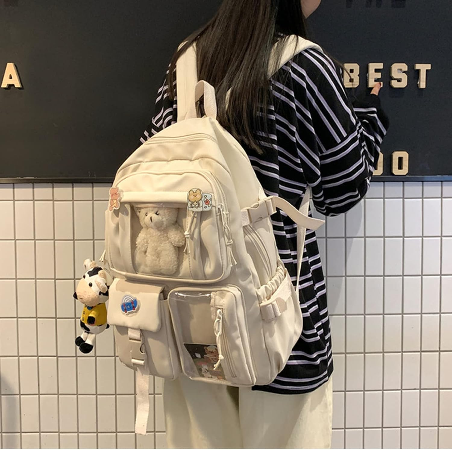 Kawaii Backpack Cute Aesthetic Anime with Pins Cow Bear Pendant School Supplies Bag Animal Cartoon Preppy Japanese image number 6