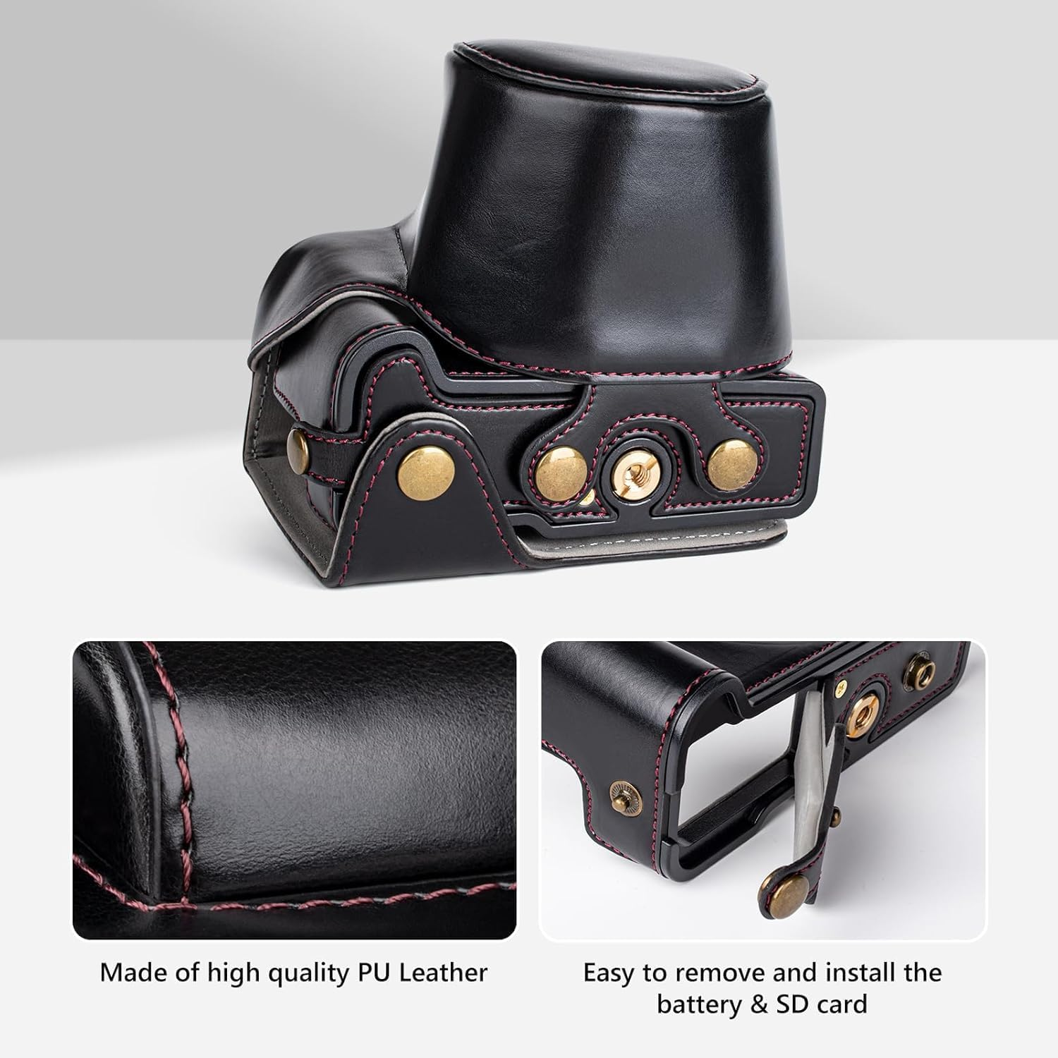 EOS R50 Case, Retro PU Leather Protective Case for  EOS R50 DSLR Camera - EOS R50 Camera Case Bag Cover with Bottom Opening & Shoulder Strap & Storage Pocket (Black) image number 1