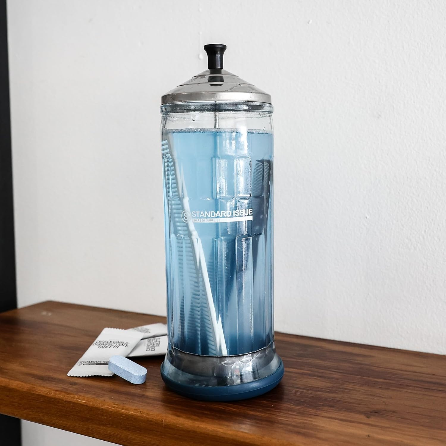 Disinfecting Jar | Glass Barbicide Jar, Stainless Steel Insert, Rubber Base for Combs, Barber Shears and More, 1L Capacity image number 2