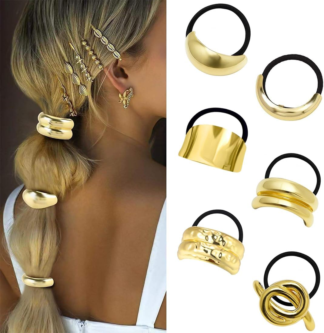 JYNXOR Pack of 6 Women'S Hair Bands, Hair Cuffs for Ponytail, Metal Hair Cuff, Hair Scrunchie, Gold, Hair Cuffs for Ponytails, Gold Hair Bobbles, Punk Hair Holder, Gold Ponytail Cuff image number 1
