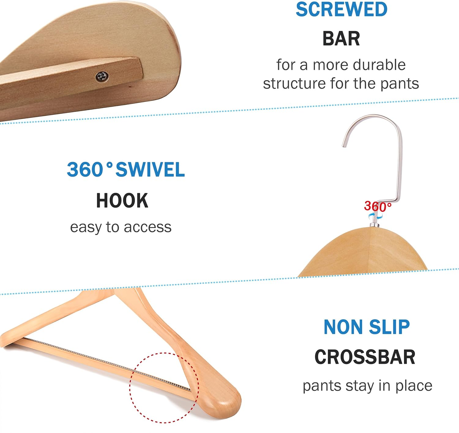 Wide Shoulder Wooden Suit Coat Hangers, 12 Pack Heavy Duty Wood Clothes Hangers with Non-Slip Bars, Smooth Finish and 360&deg; Swivel Hooks for Suit,Coat,Jacket,Pants (4) image number 4