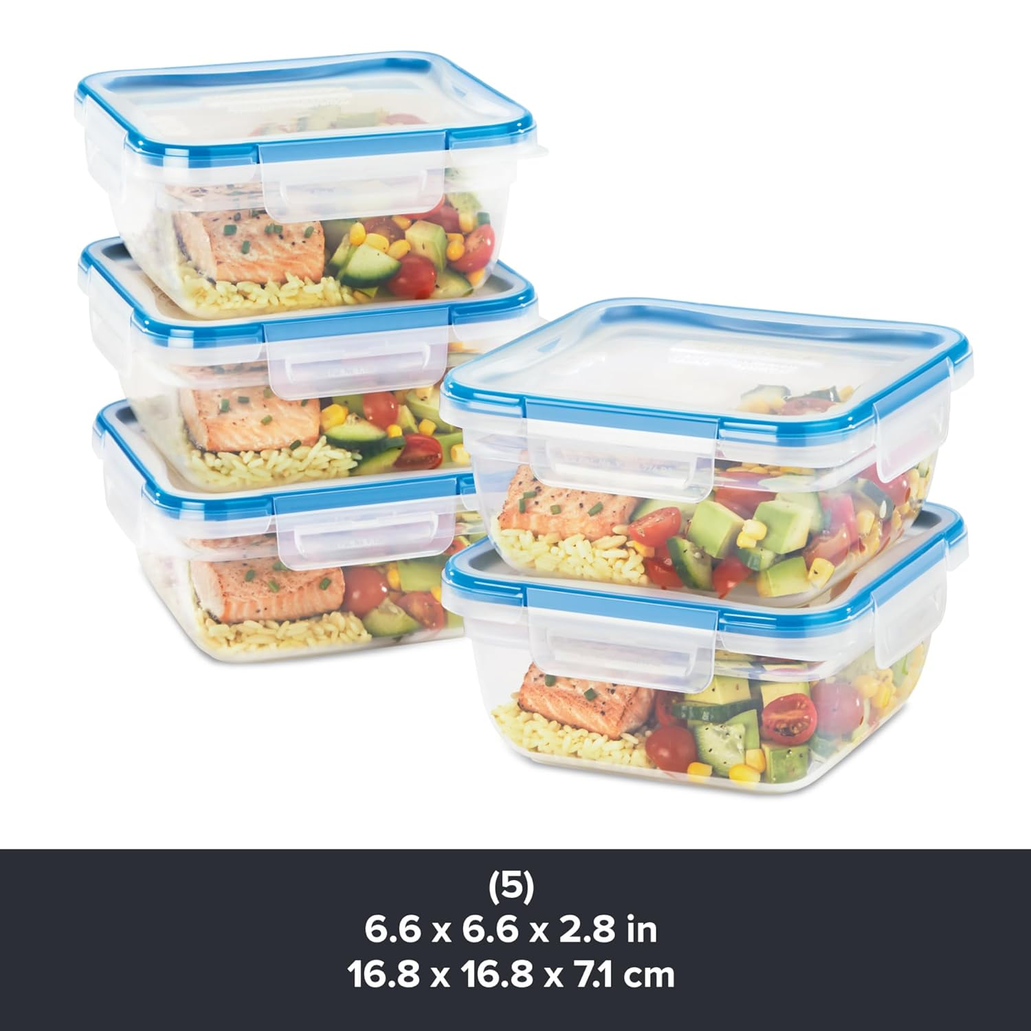 Snapware Total Solution 10 Piece Square Plastic Food Storage Container Set &ndash; 5 Containers with 5 Tab Locking Lids &ndash; Opaque, Microwave, Dishwasher and Freezer Safe, 1.3 Litre Capacity image number 1