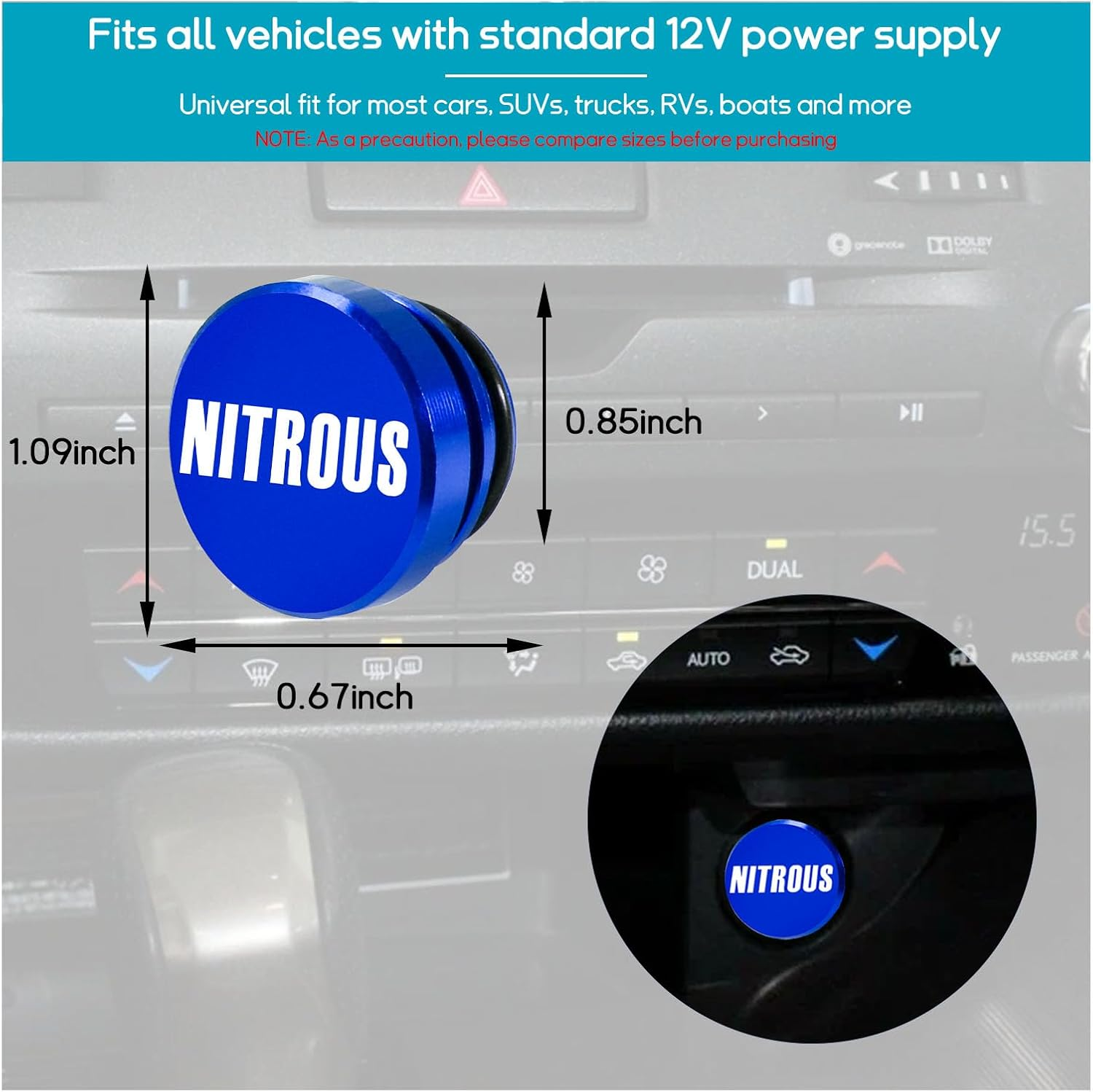Augeny Car Cigarette Lighter Cover, Aluminum Dustproof Nitrous Button, Universal Cigarette Socket Cover Fits Most Automotive Vehicles Boats with Standard 12 Volt Power Source image number 1