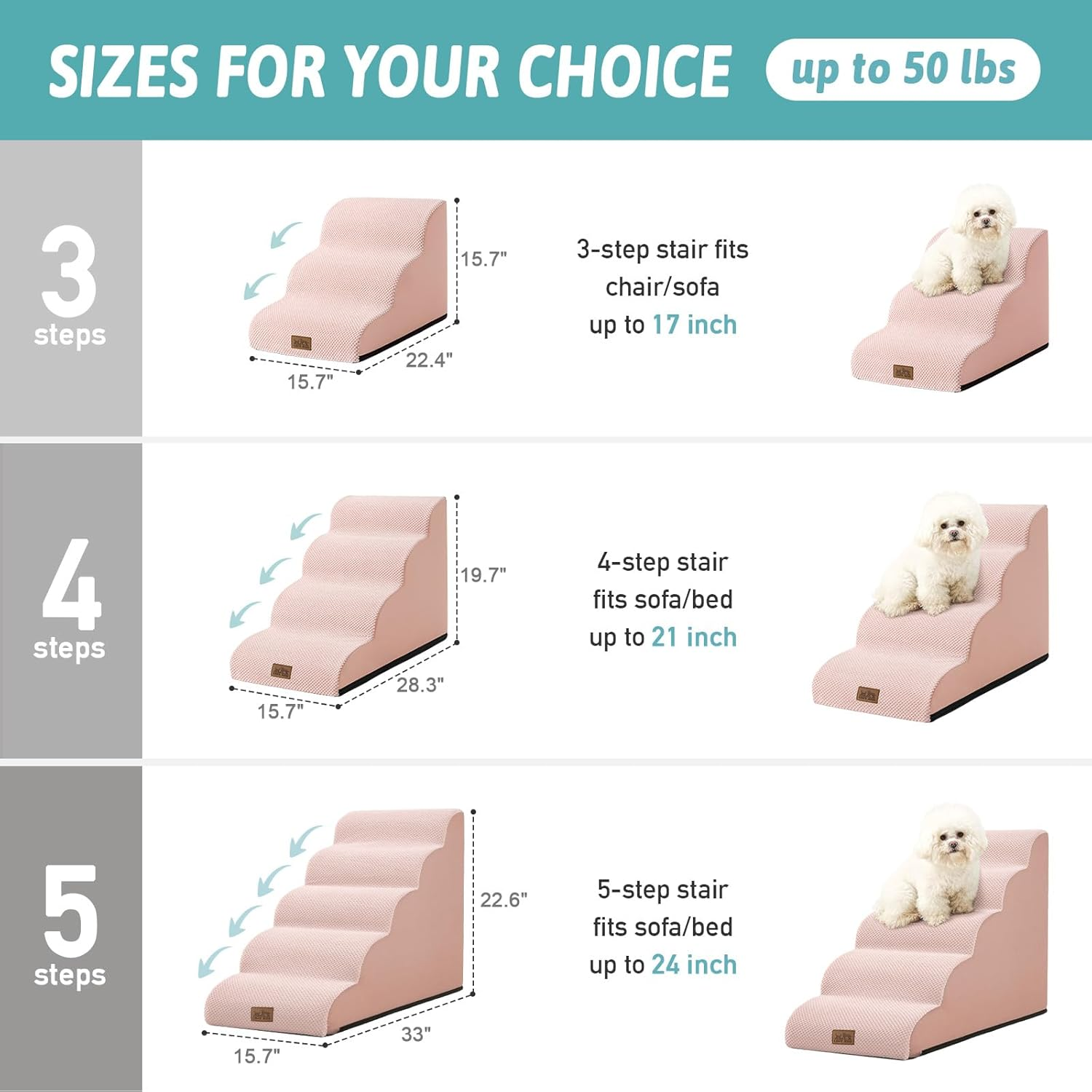 COZY KISS Dog Stairs for Small Dogs 15.7" H, Curved Dog Step for Puppy, Older Cat, Medium Pet Ramp for Sofa, Couch or Bed, Ladder with High Density Foam, 15.7X22.4X15.7 Inch, 3 Step, Pink